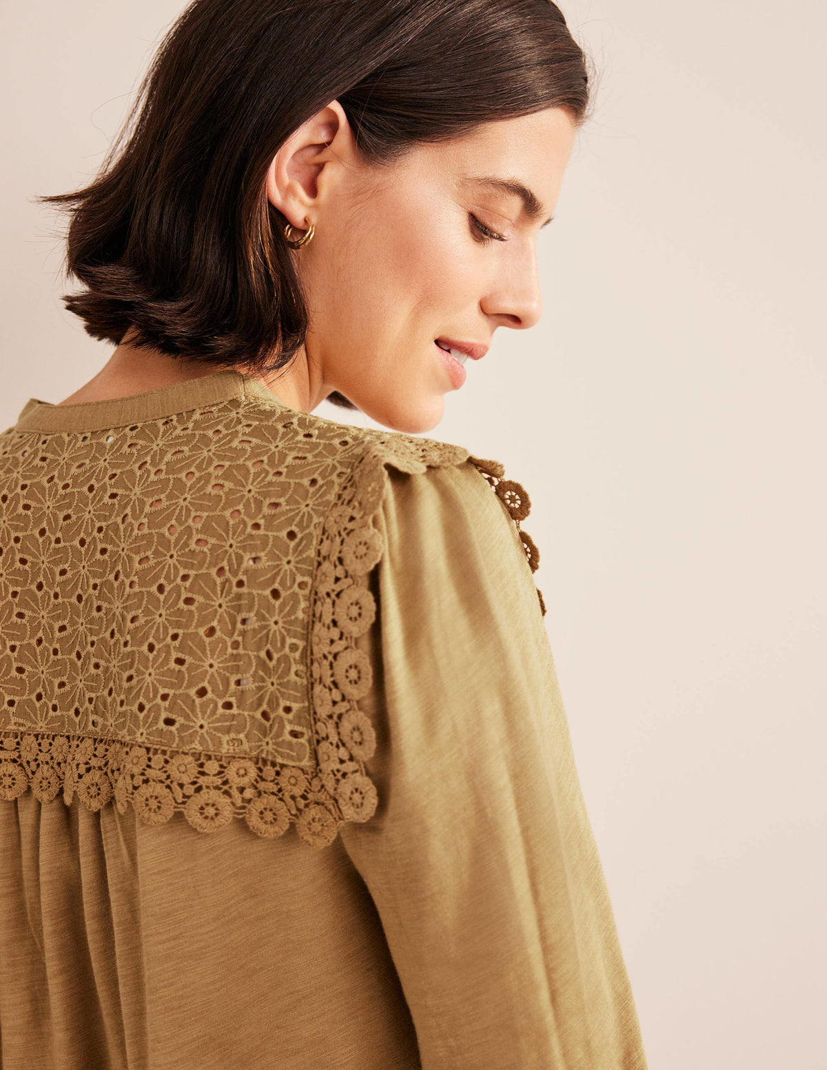 Notch Neck Woven Mix Top-Camel-2