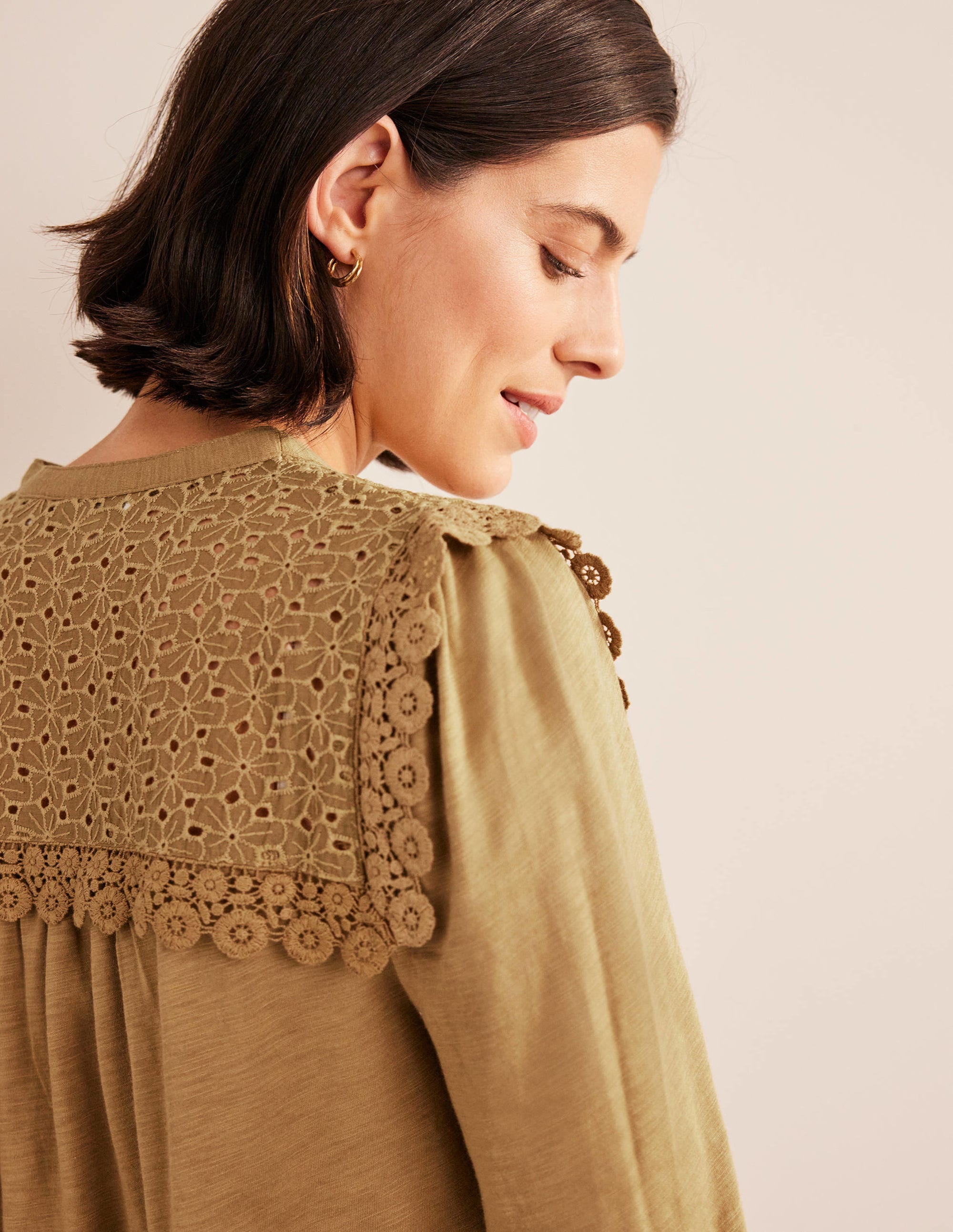 Notch Neck Woven Mix Top-Camel - Image 2