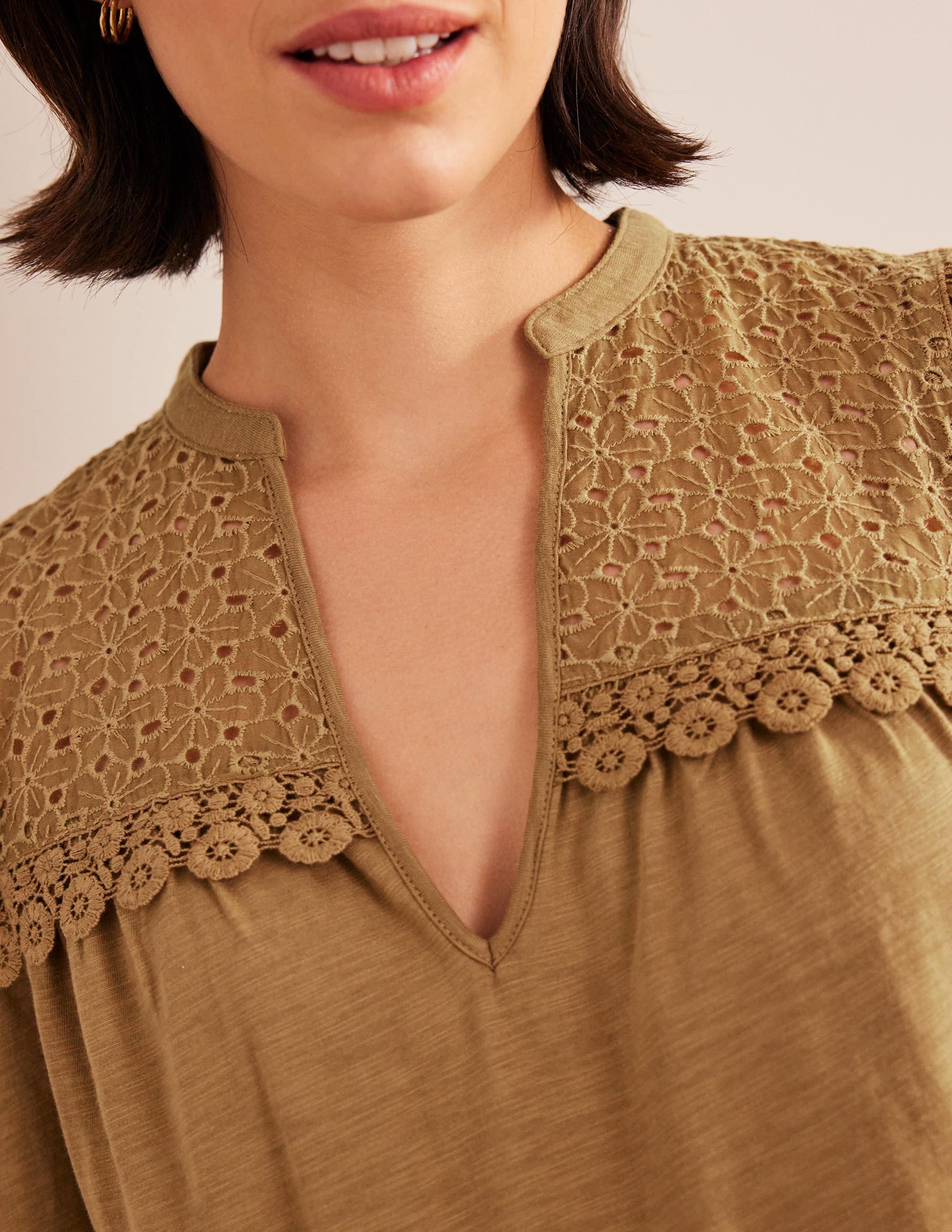Notch Neck Woven Mix Top-Camel - Image 4