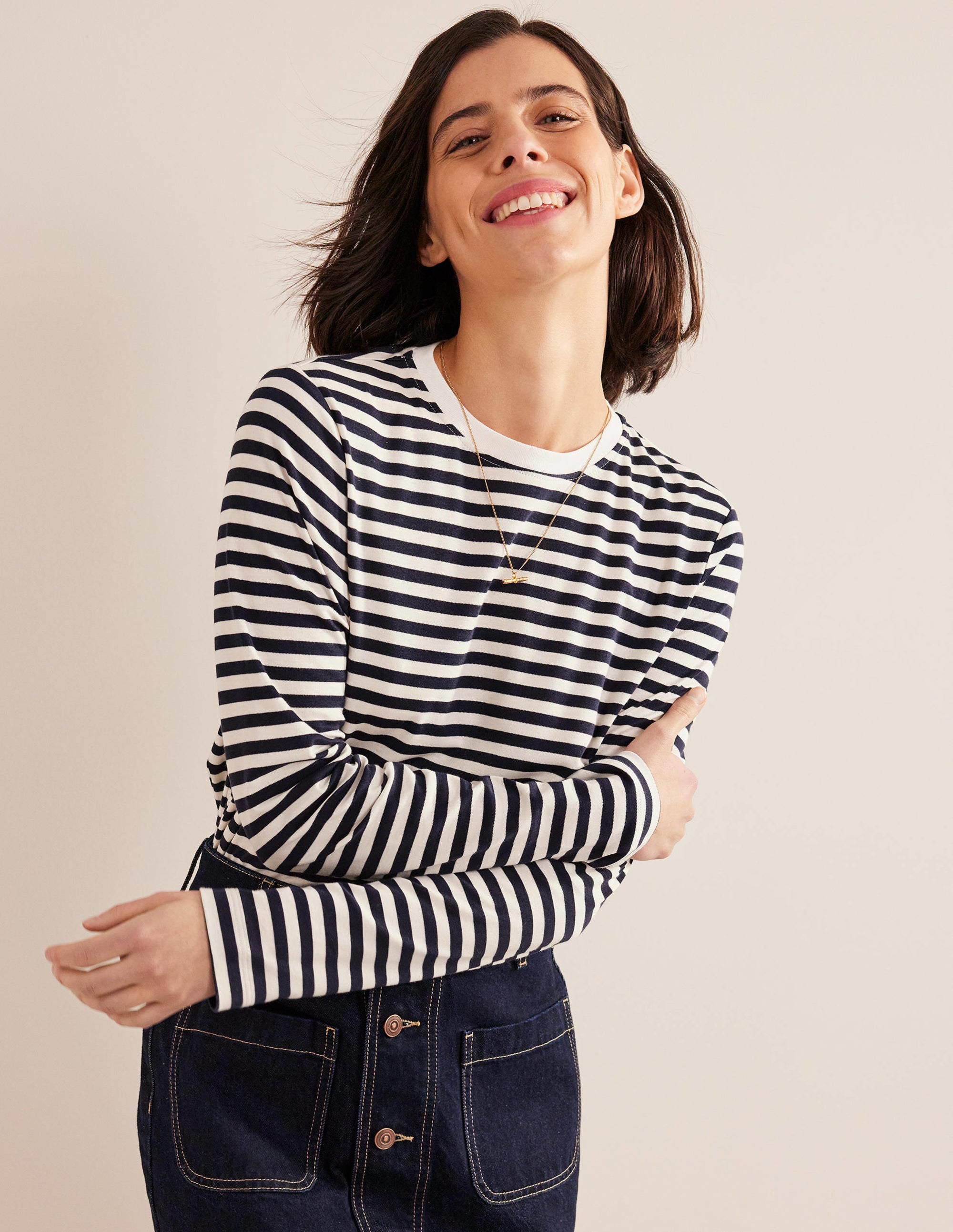 Perfect Long Sleeve T-Shirt-Ivory / Navy Stripe - Image 1