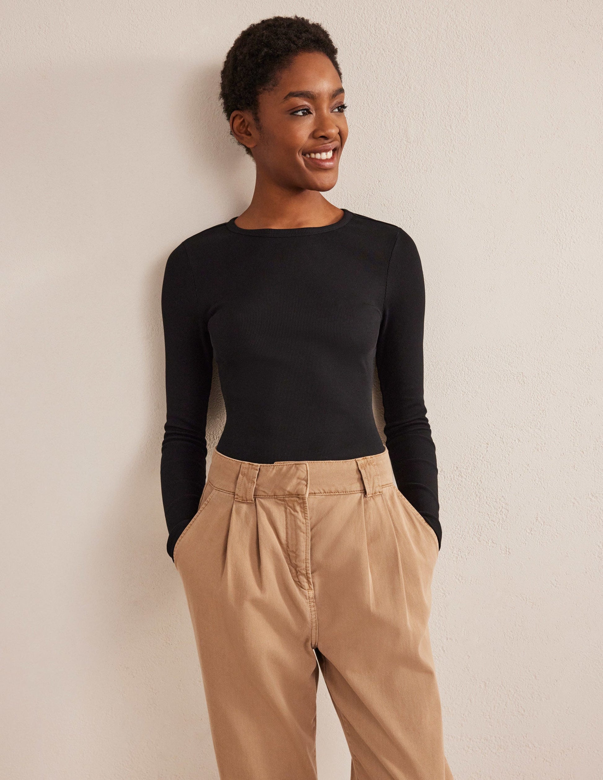 Cotton Ribbed Long Sleeve Top-Black-1