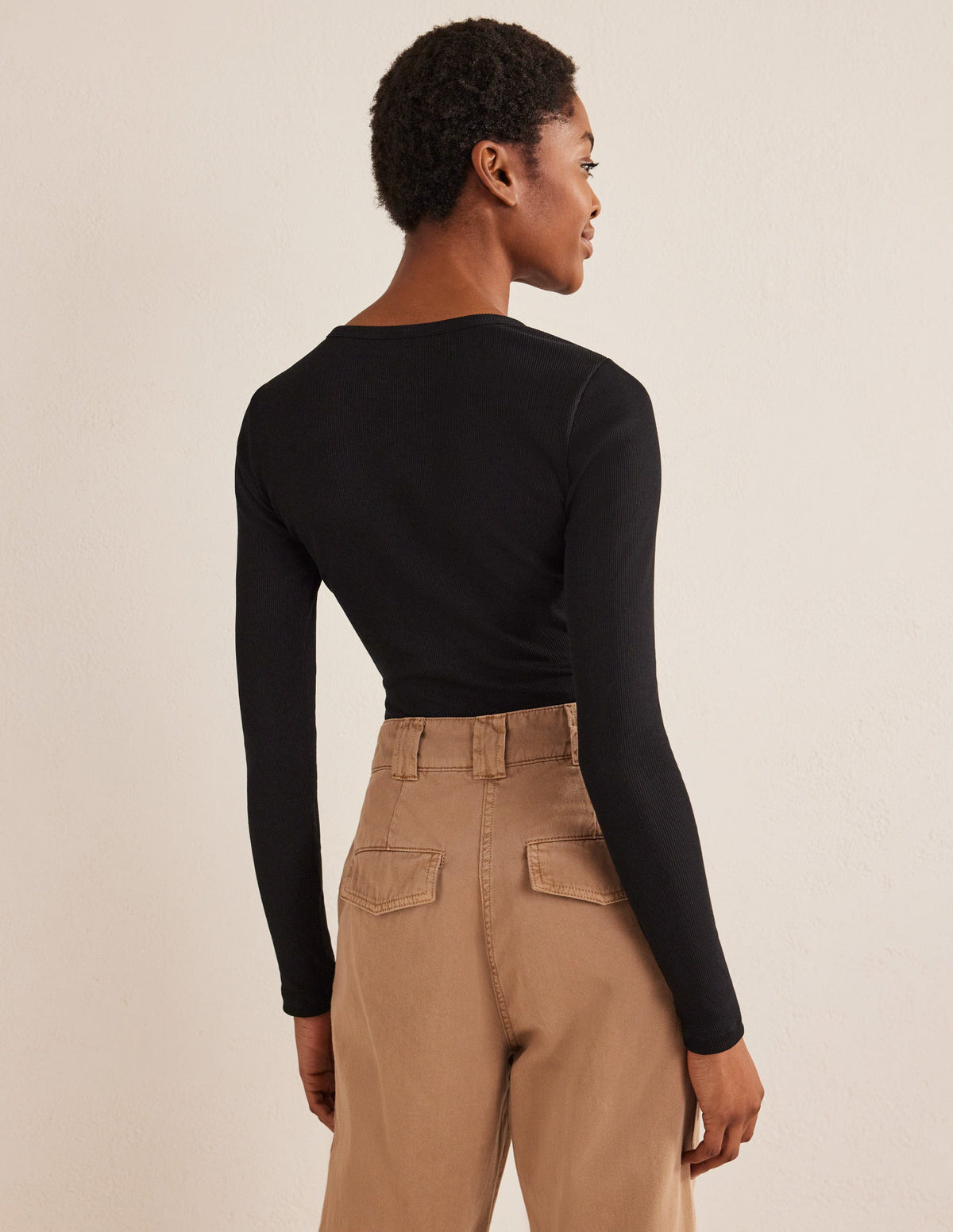 Cotton Ribbed Long Sleeve Top-Black - Image 3