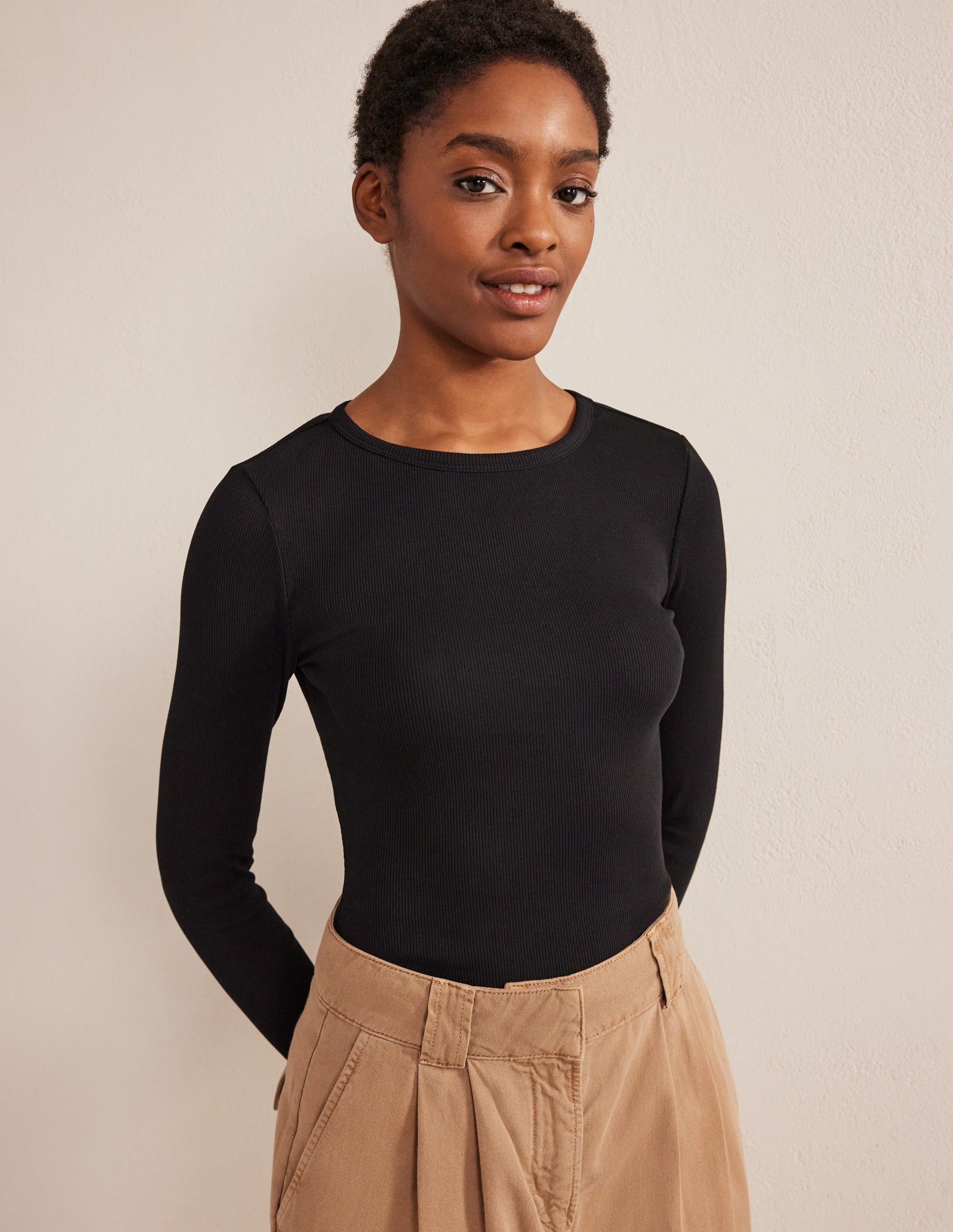 Cotton Ribbed Long Sleeve Top-Black-4