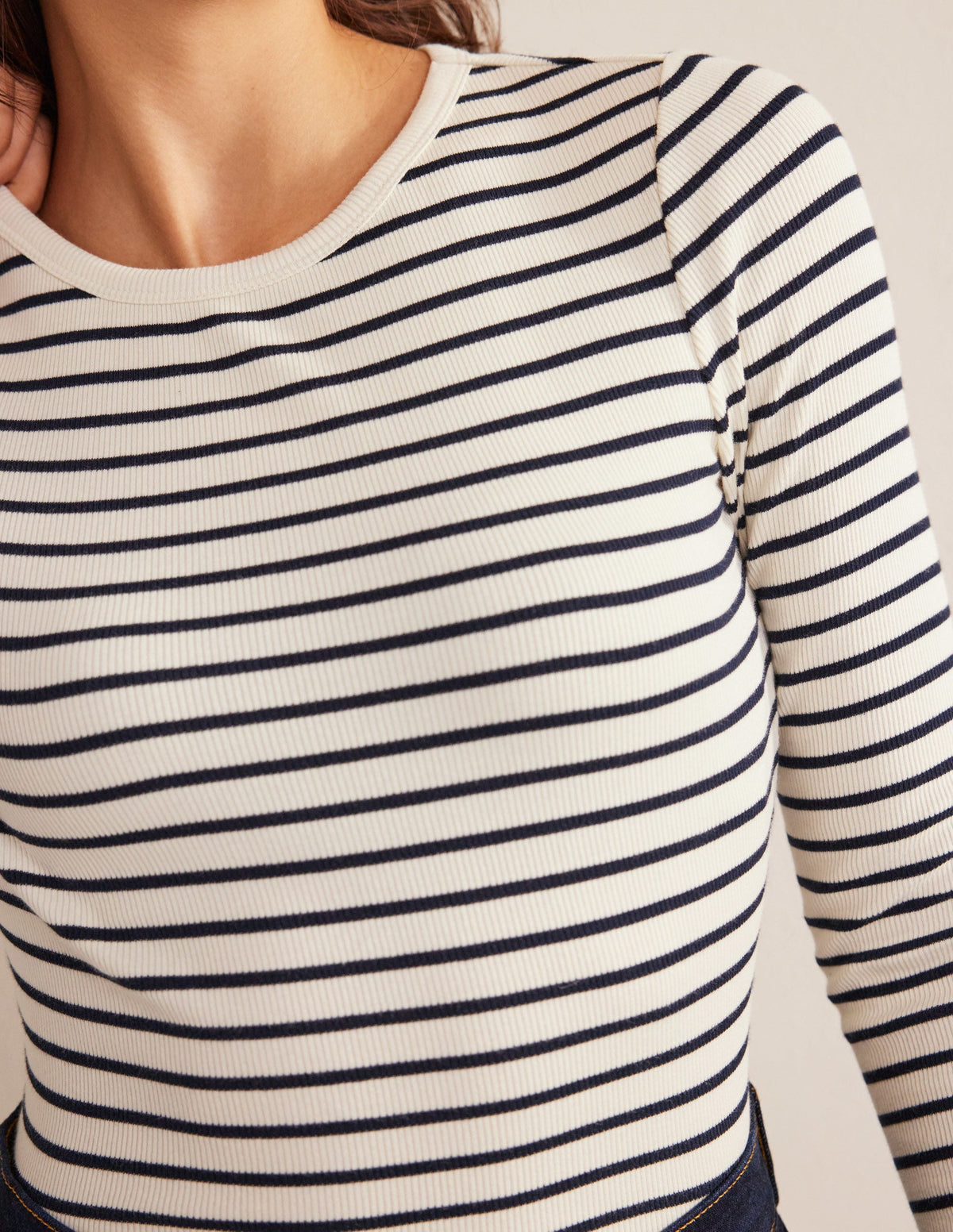 Cotton Ribbed Long Sleeve Top-Ivory/Navy Stripe - Image 2