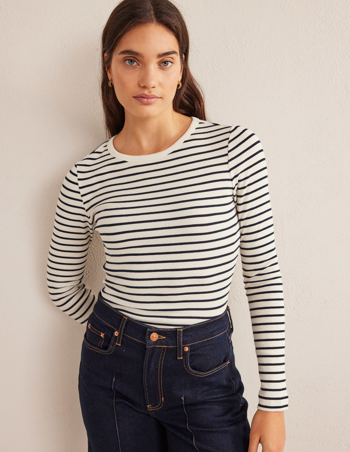 Cotton Ribbed Long Sleeve Top-Ivory/Navy Stripe - Image 4