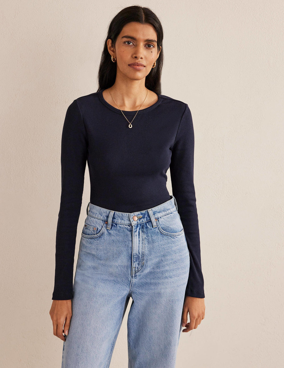 Cotton Ribbed Long Sleeve Top-Navy - Image 1