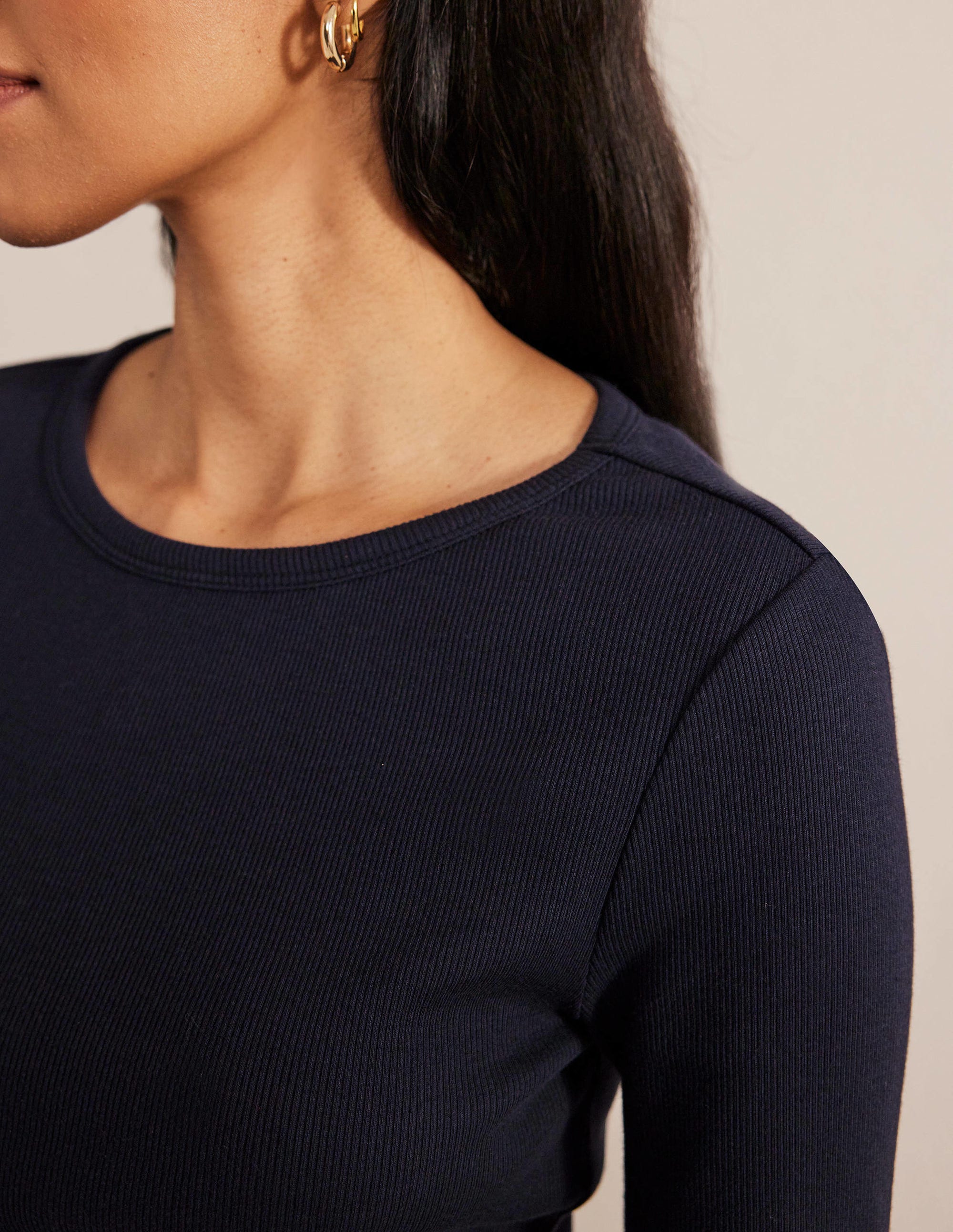 Cotton Ribbed Long Sleeve Top-Navy - Image 2