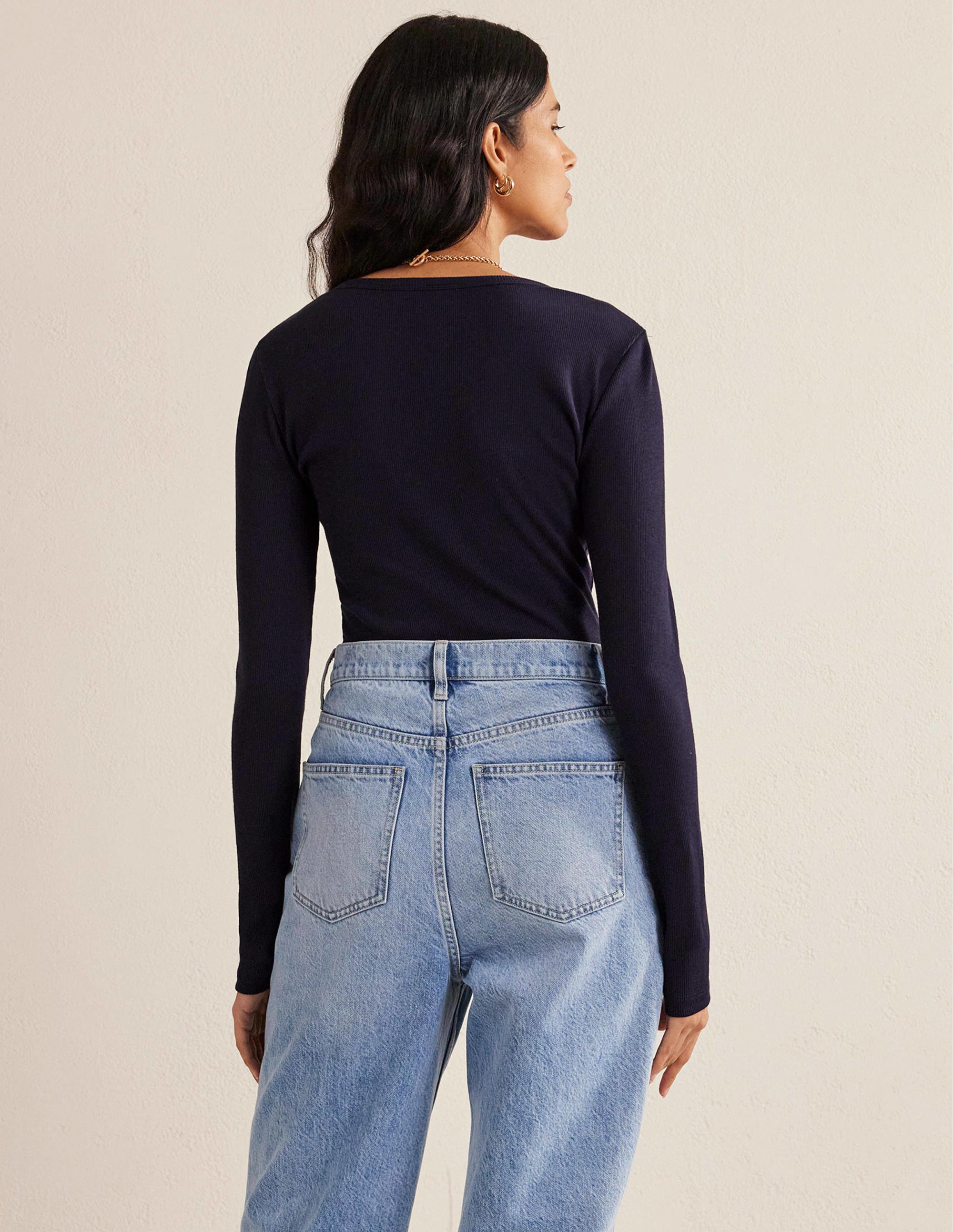 Cotton Ribbed Long Sleeve Top-Navy - Image 3