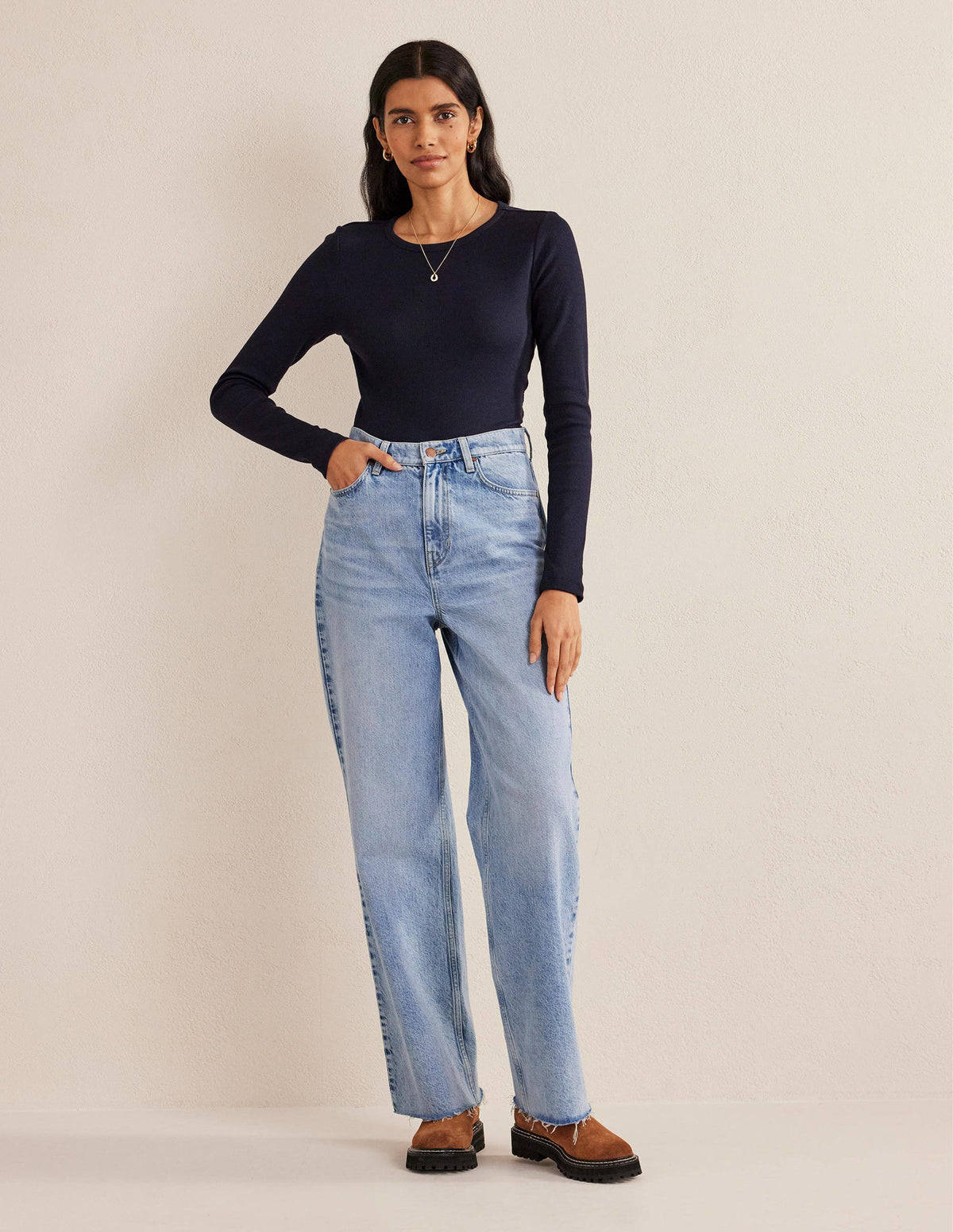 Cotton Ribbed Long Sleeve Top-Navy - Image 4