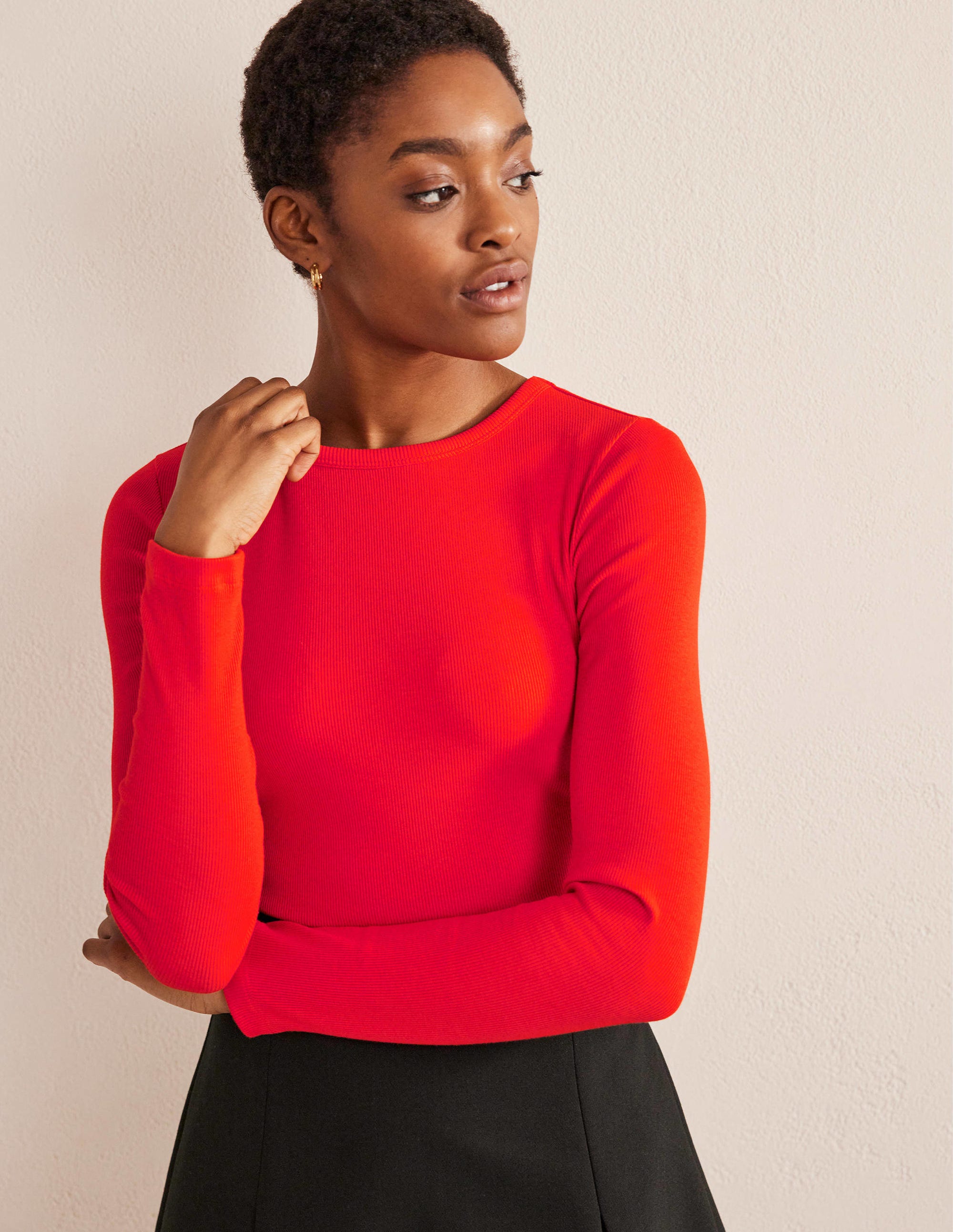 Cotton Ribbed Long Sleeve Top-Red Pop - Image 1