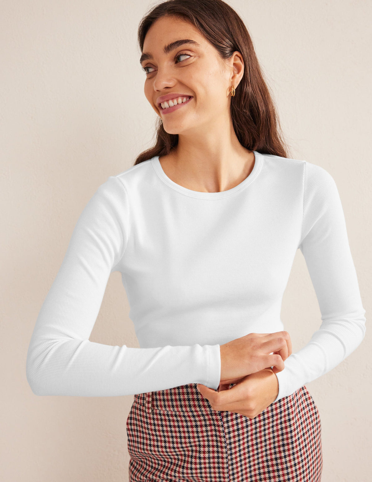 Cotton Ribbed Long Sleeve Top-White - Image 1