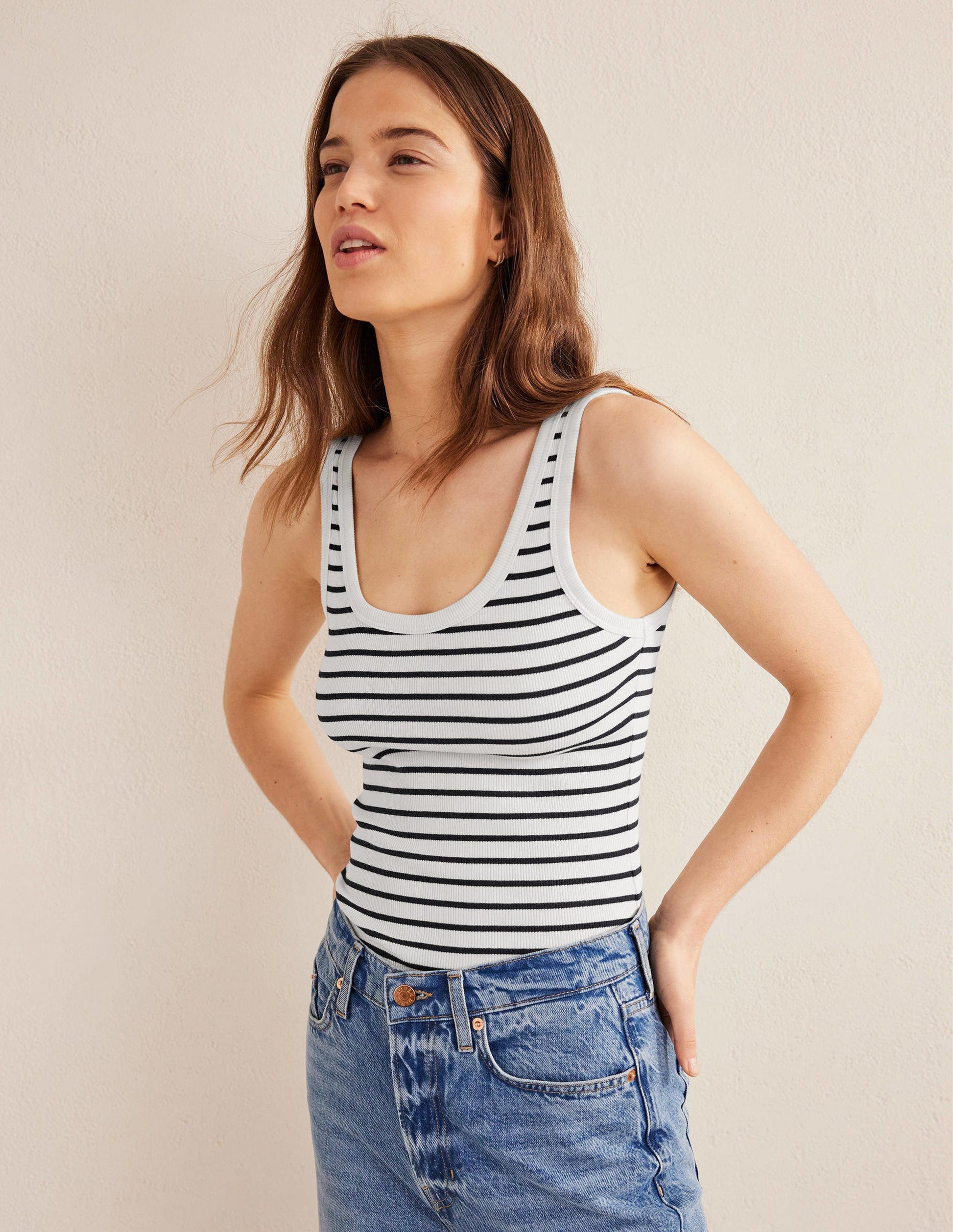 Cotton Ribbed Scoop Vest-Ivory / Navy Stripe-4