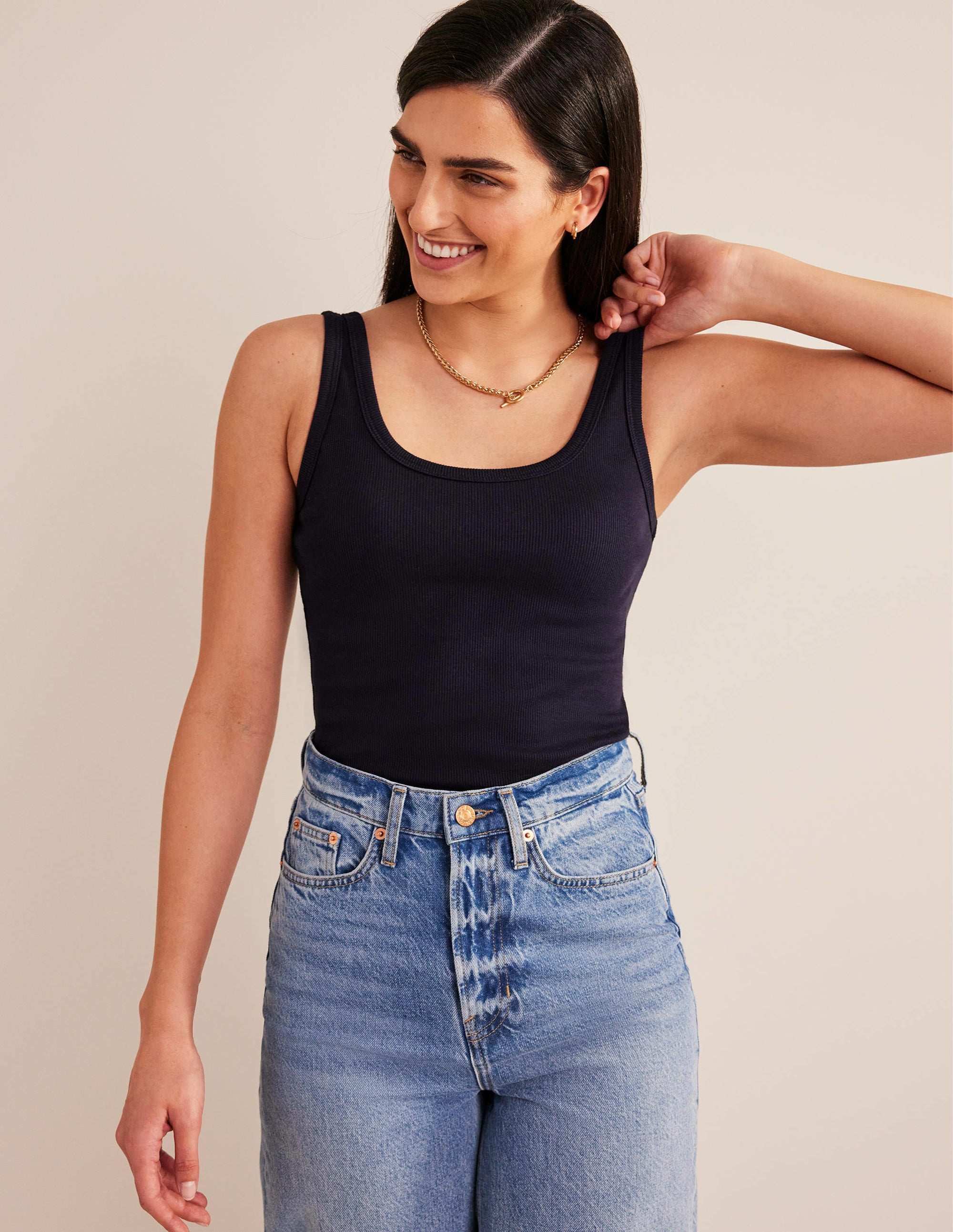 Cotton Ribbed Scoop Vest-Navy - Image 4