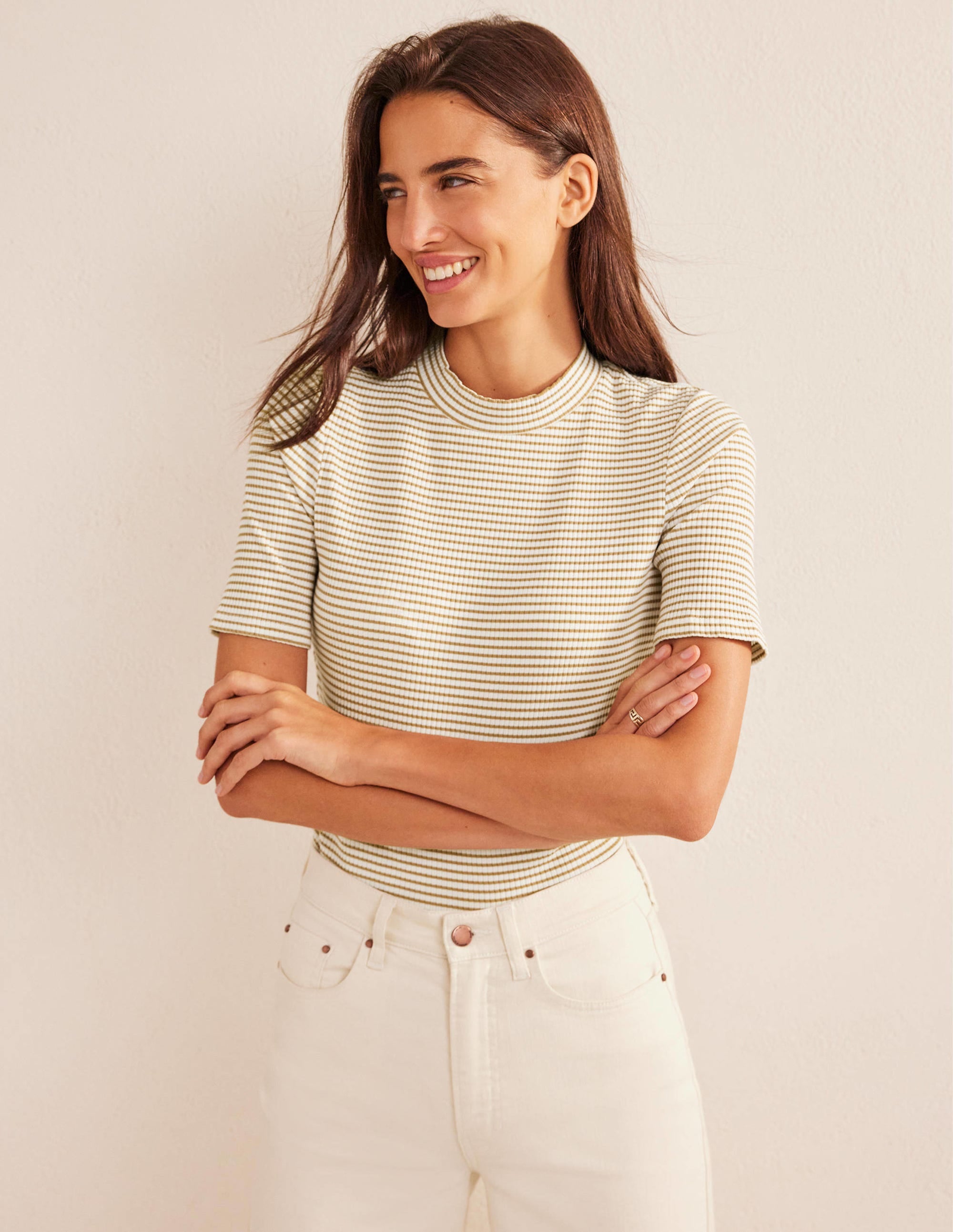 High Neck Ribbed Top-Ivory/Camel Stripe - Image 1