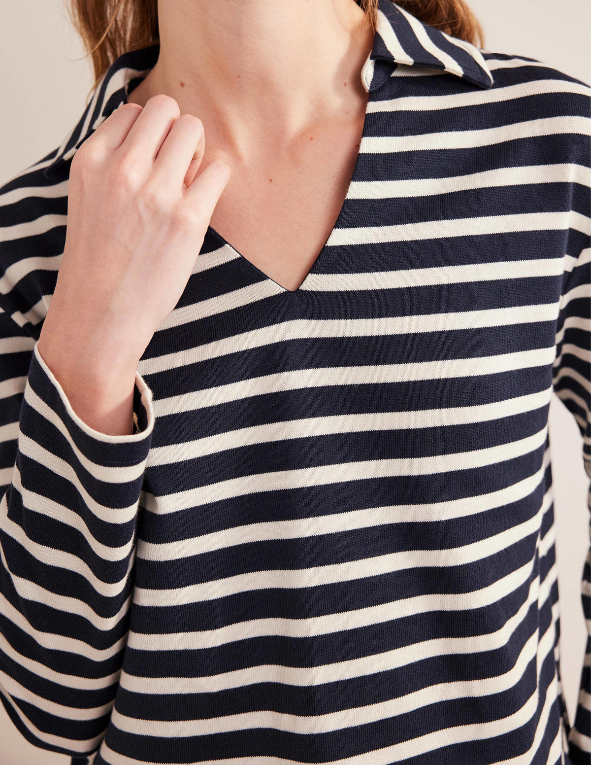 Notch Collar Stripe Top-Navy/Ivory Stripe-2