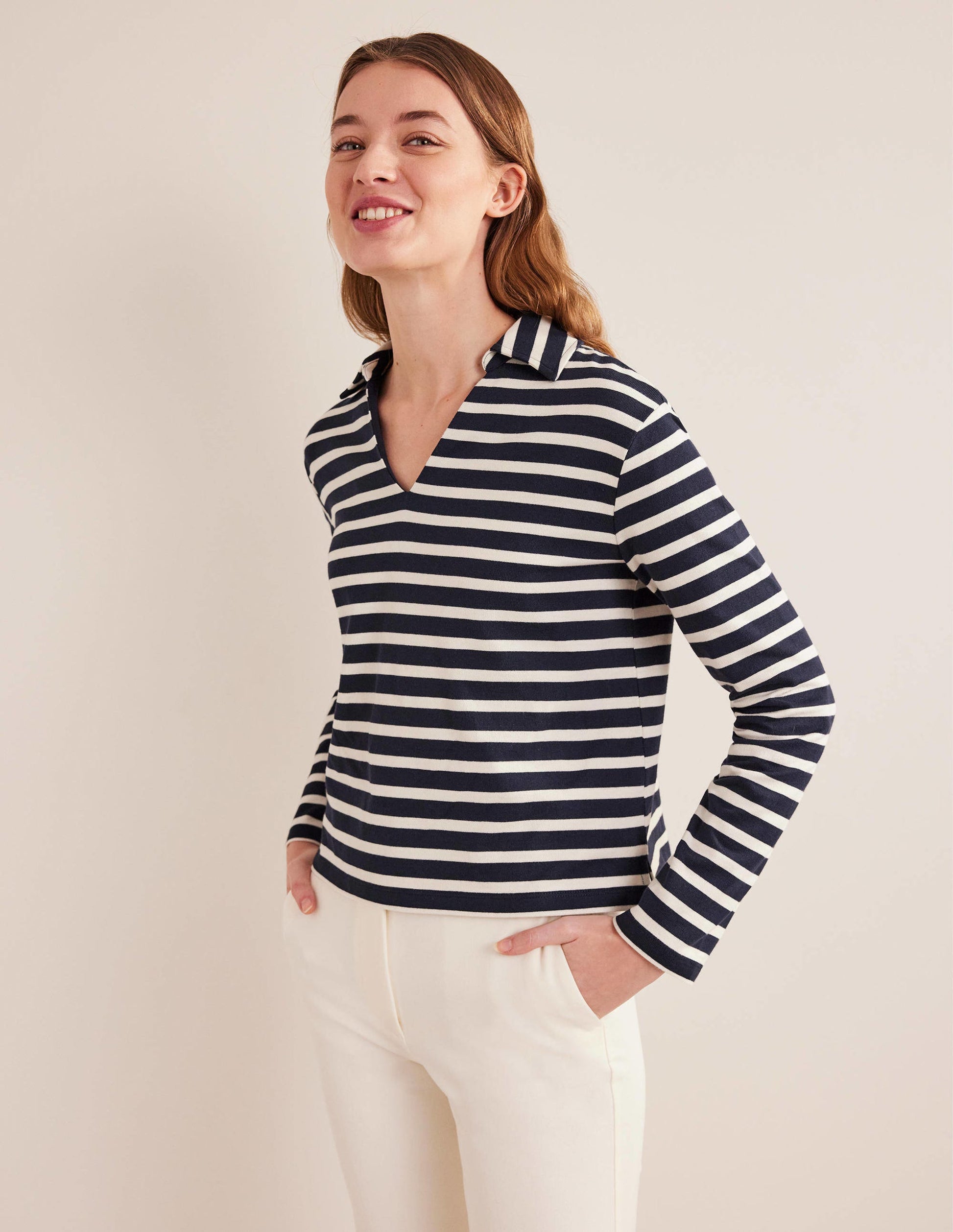 Notch Collar Stripe Top-Navy/Ivory Stripe-4