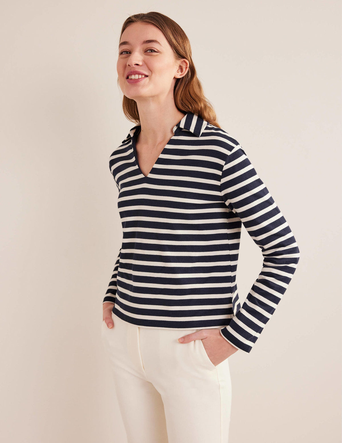 Notch Collar Stripe Top-Navy/Ivory Stripe - Image 4