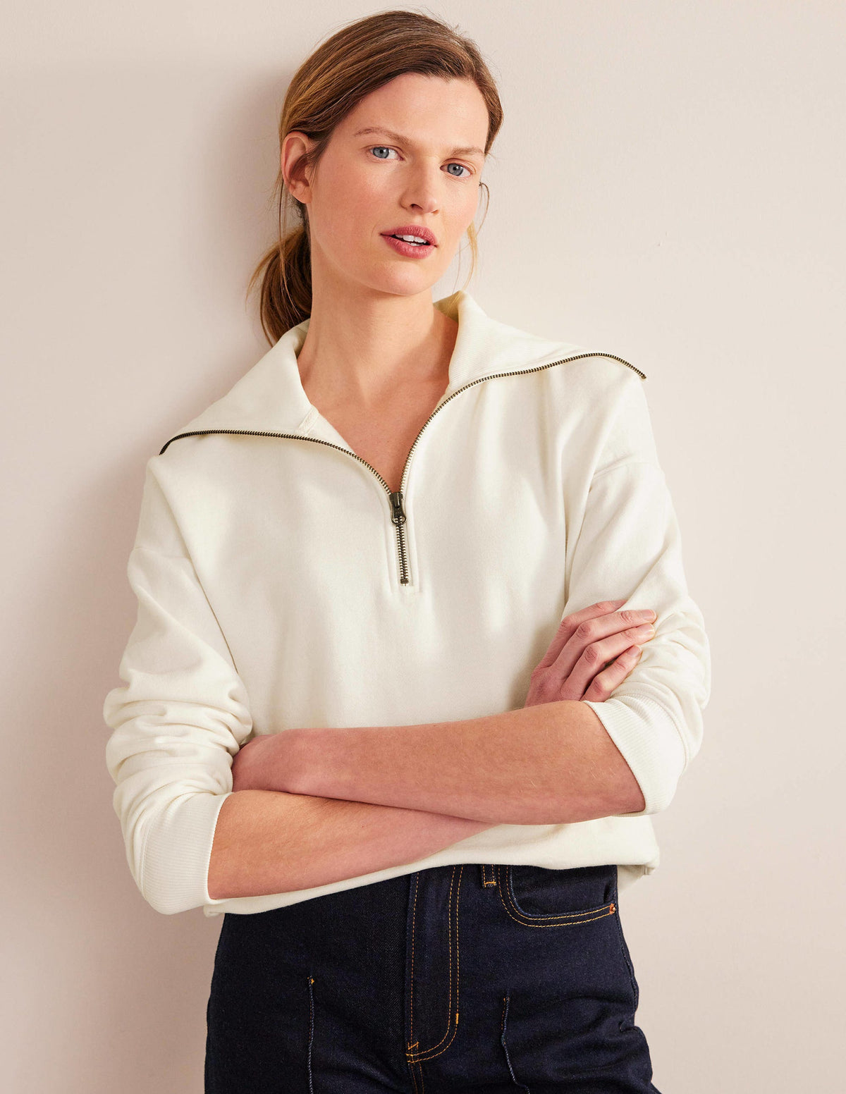 Funnel Neck Zip Sweatshirt-Ivory-1