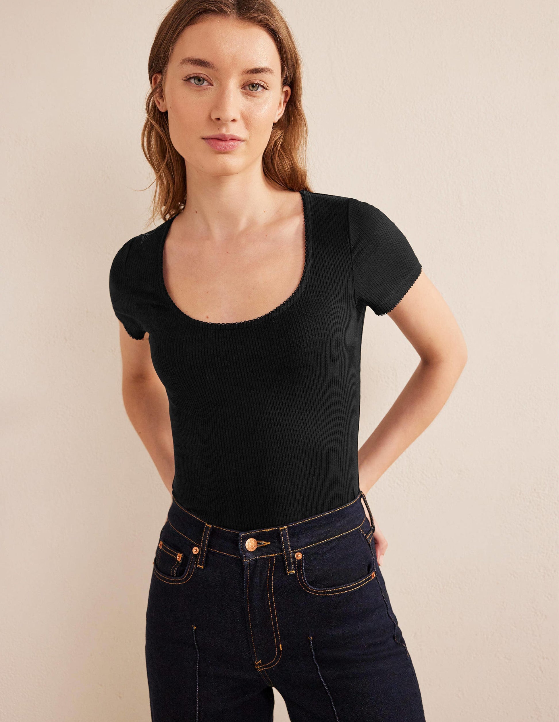 Scoop Neck Ribbed Top-Black-4