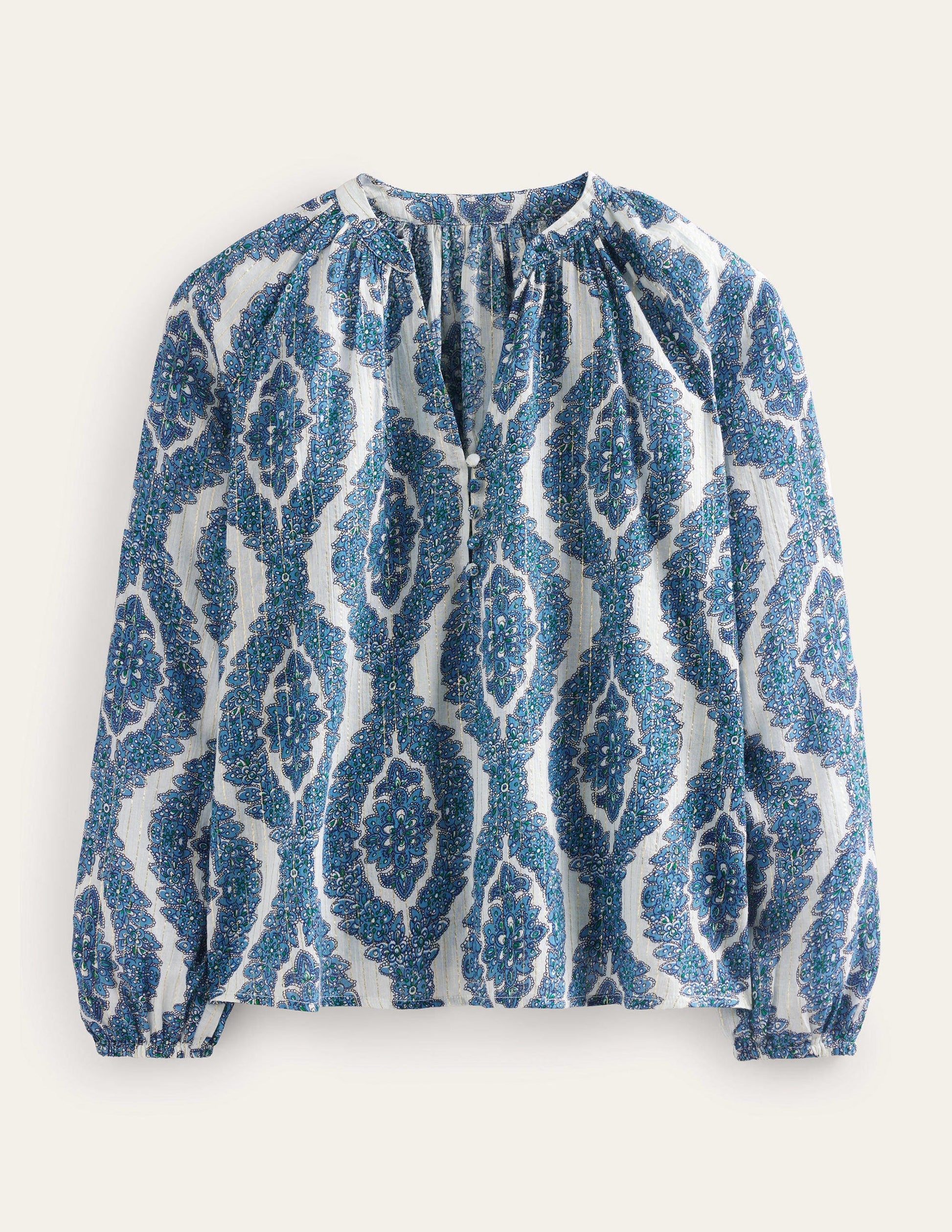Printed Notch-Neck Sparkle Top-Blue, Botanic Wreath-5