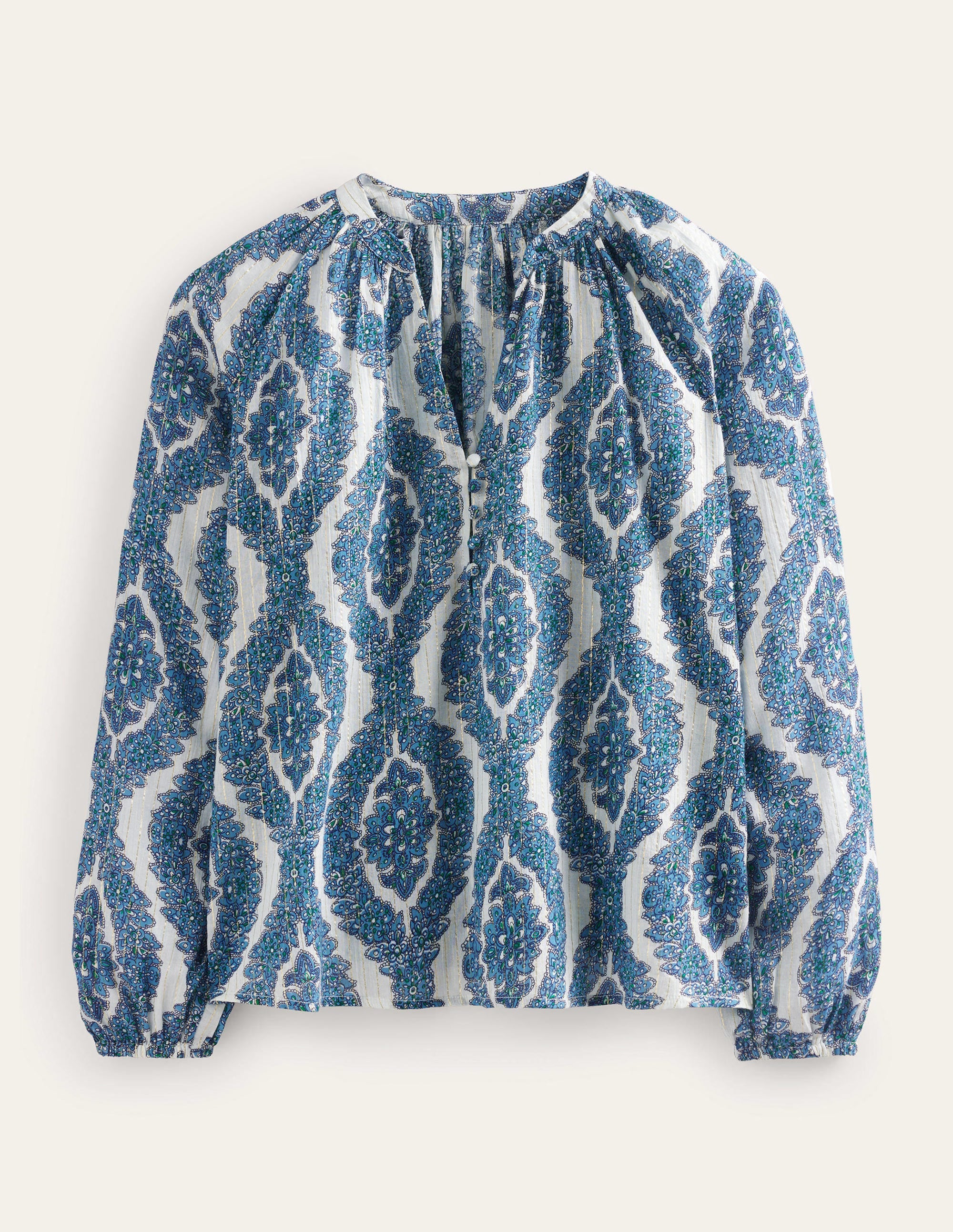 Printed Notch-Neck Sparkle Top-Blue, Botanic Wreath - Image 5