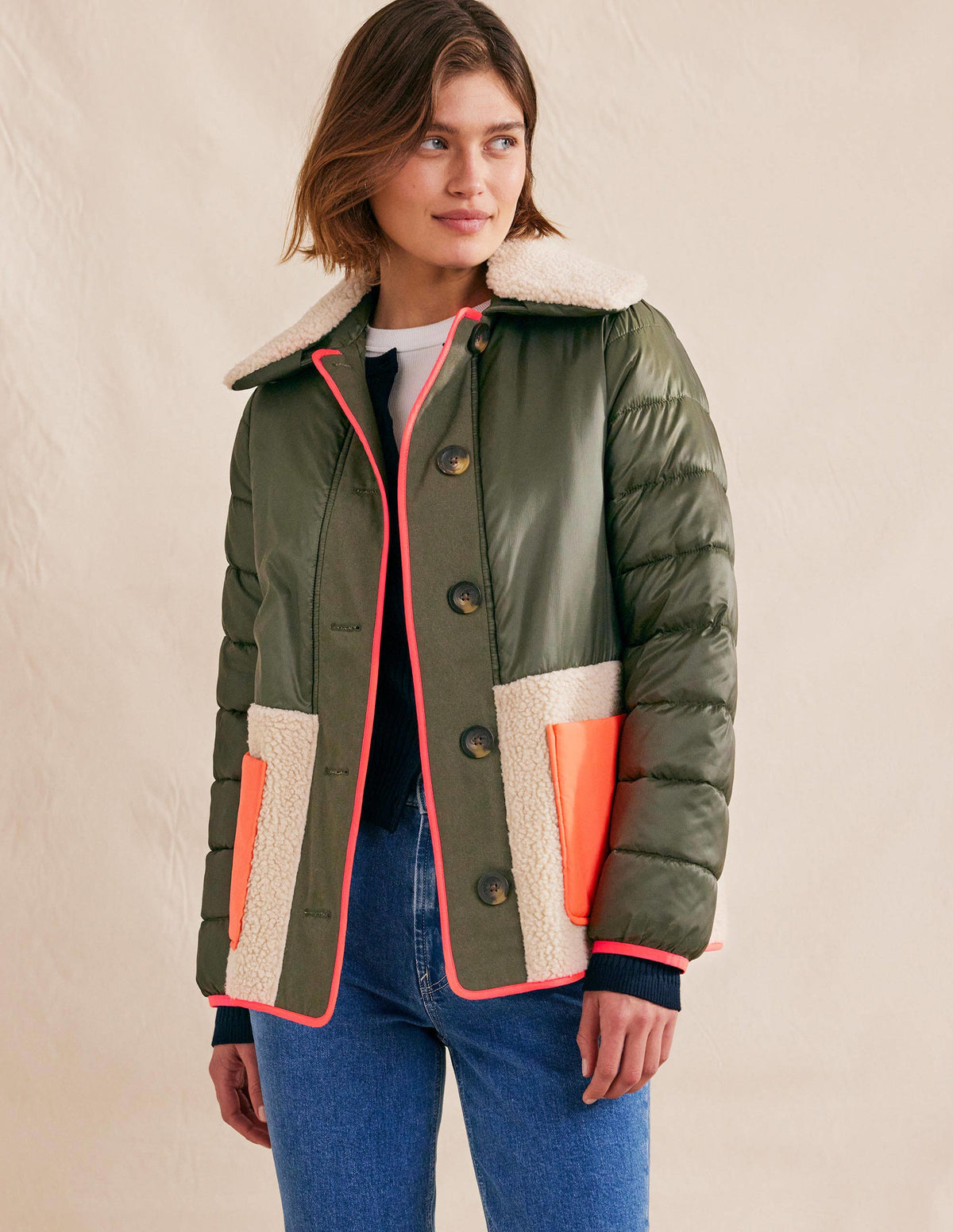 Quilted Borg Jacket-Khaki - Image 1