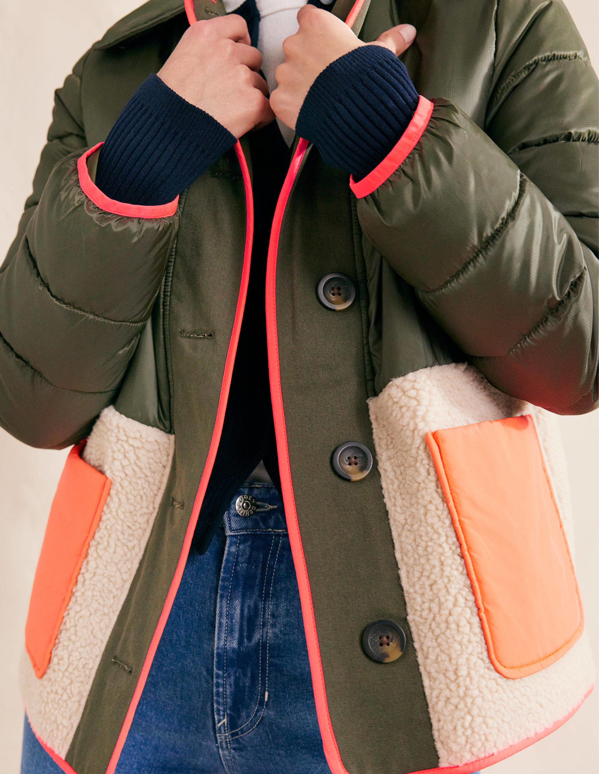Quilted Borg Jacket-Khaki - Image 2