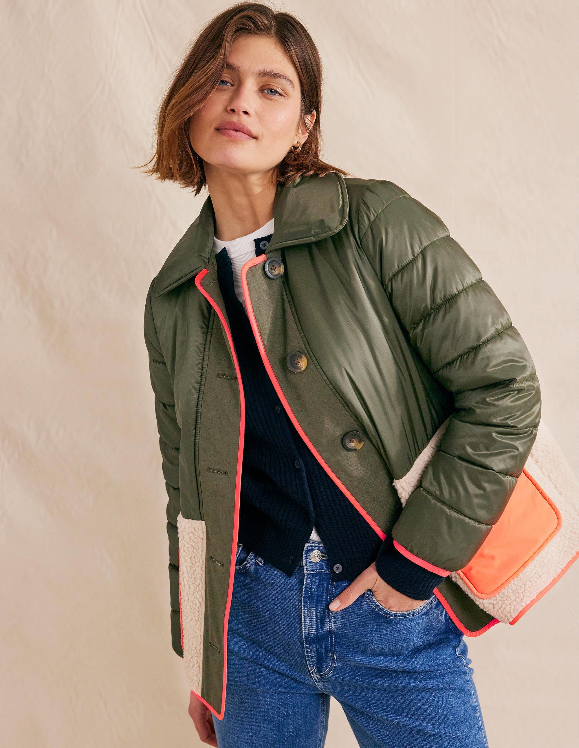 Quilted Borg Jacket-Khaki - Image 4