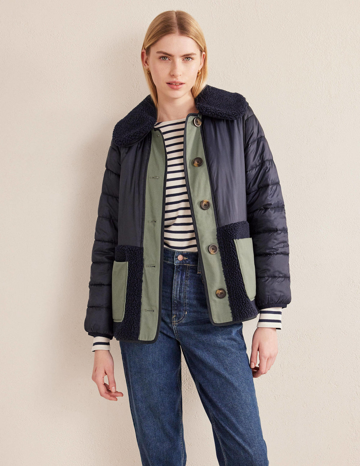 Quilted Borg Jacket-Navy - Image 1
