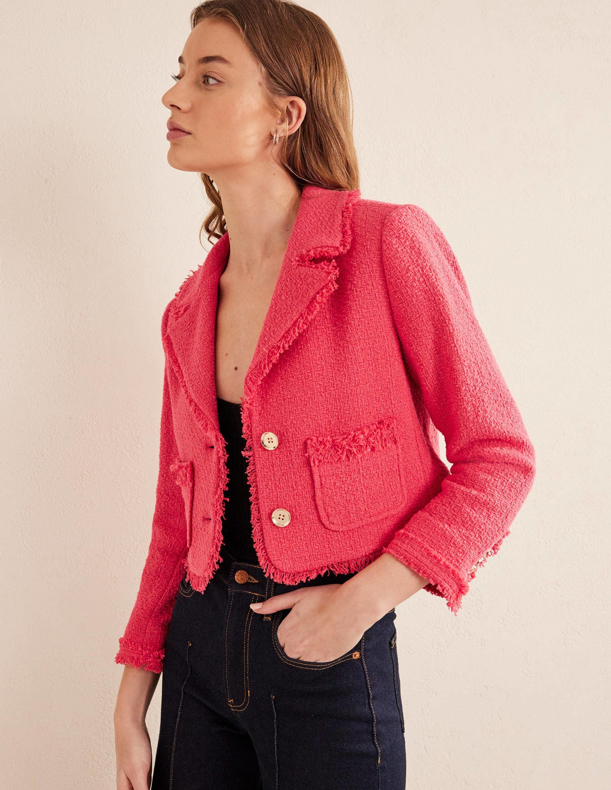 Textured Fitted Cropped Jacket-Coral-1