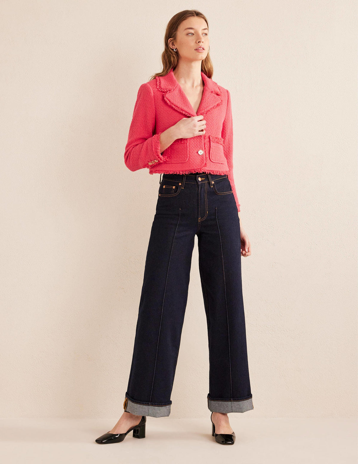 Textured Fitted Cropped Jacket-Coral - Image 4