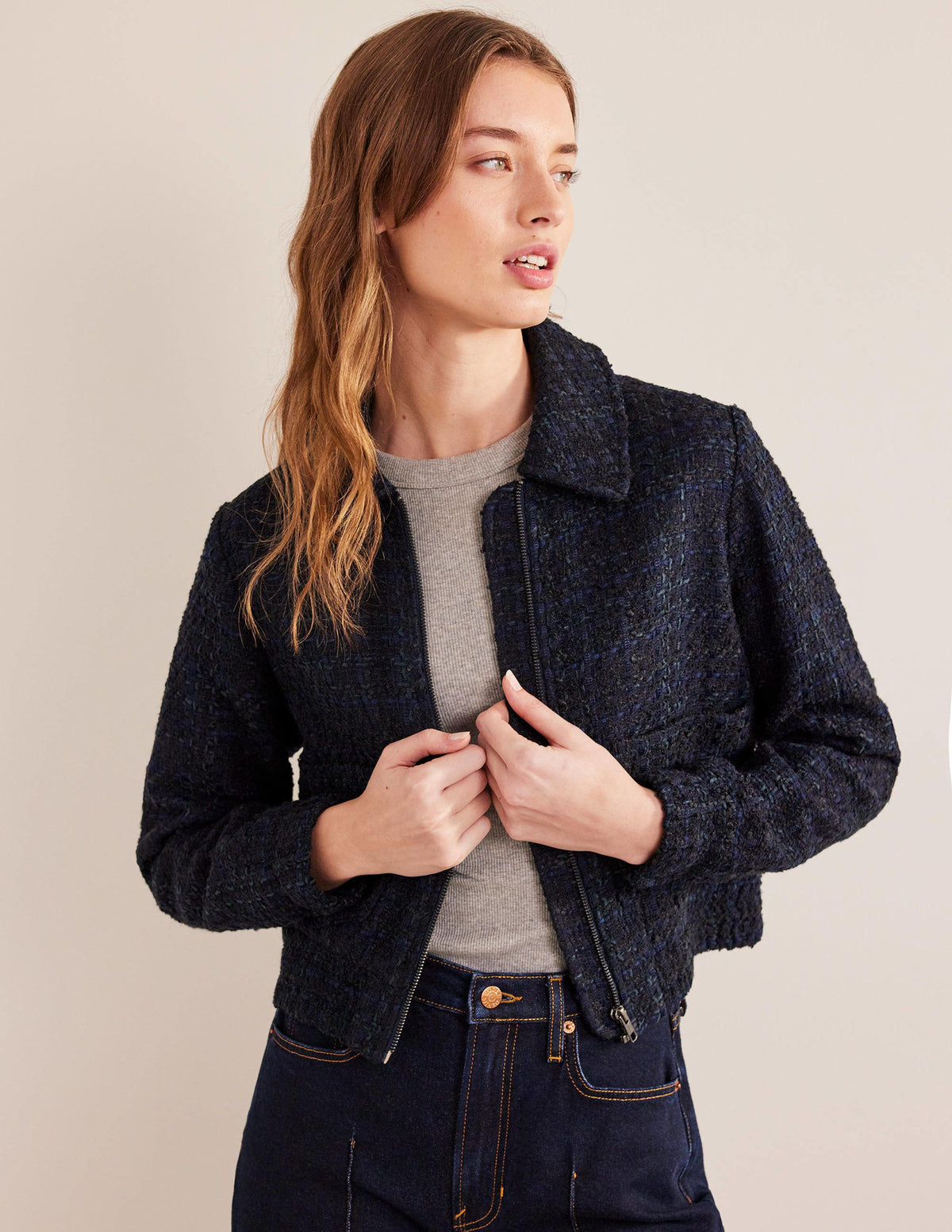 Textured Zip Through Jacket-Navy-4