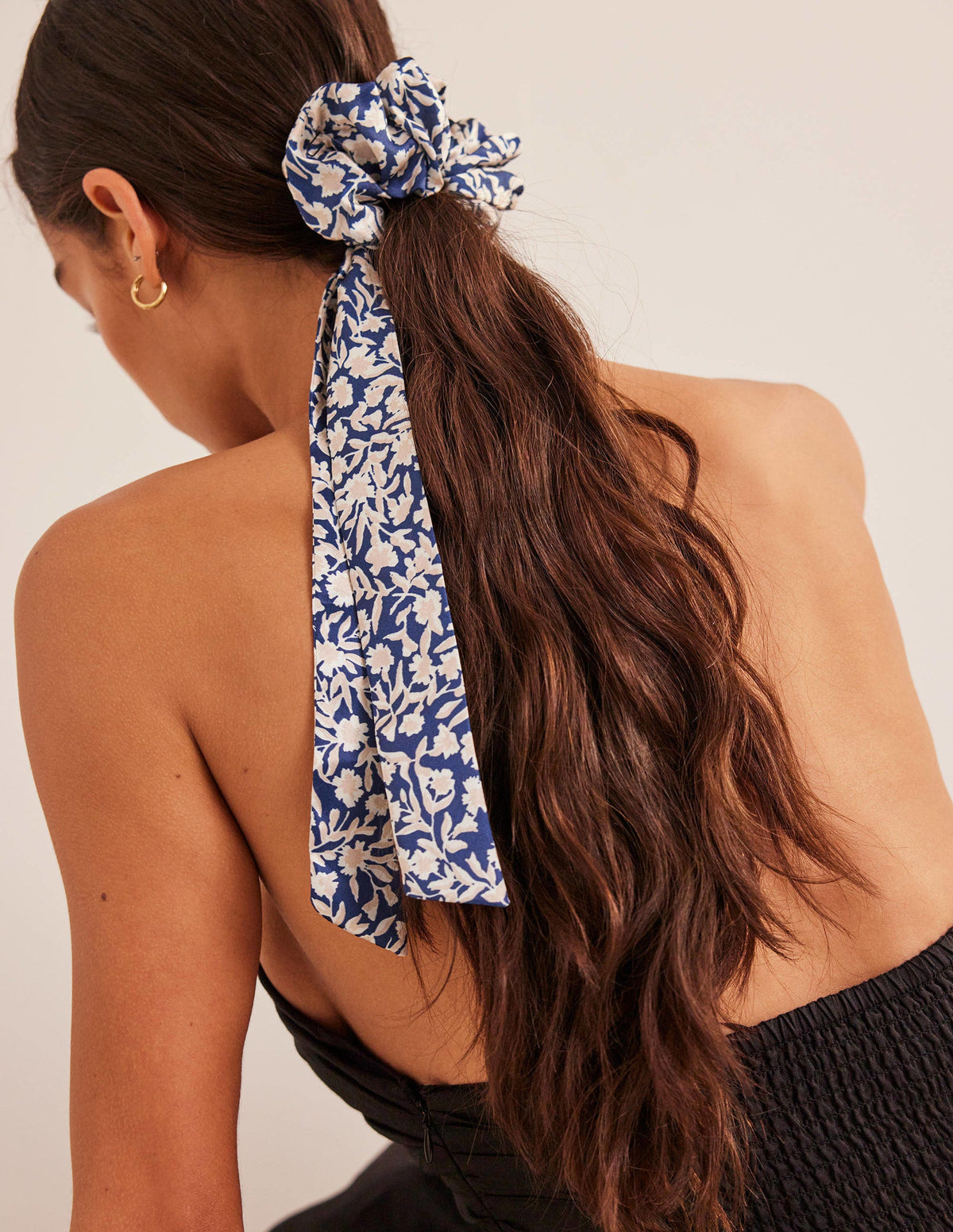 Scarf Hair Scrunchie-French Navy, Abstract Vine - Image 1