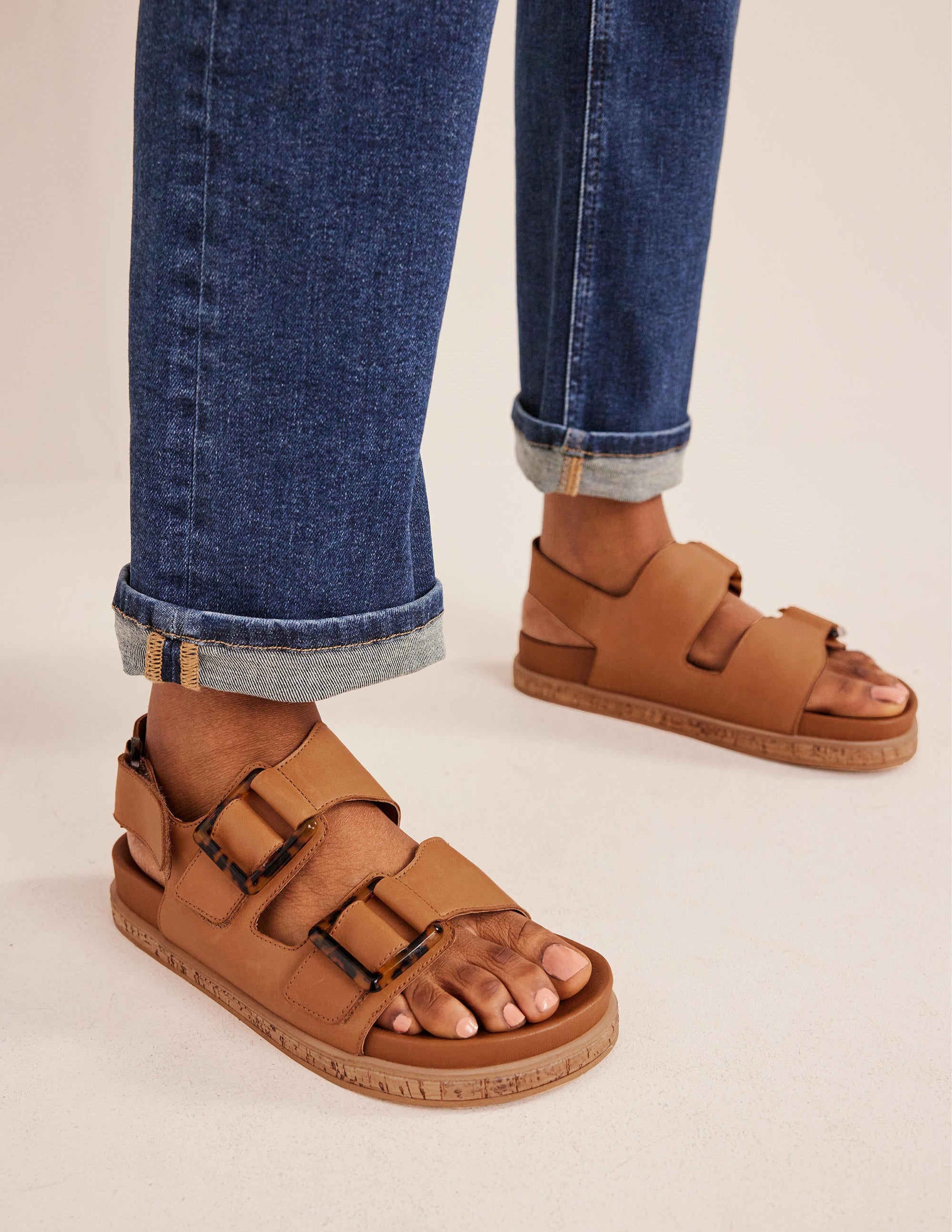 Chunky Flat Buckled Sandals-Golden Brown - Image 5