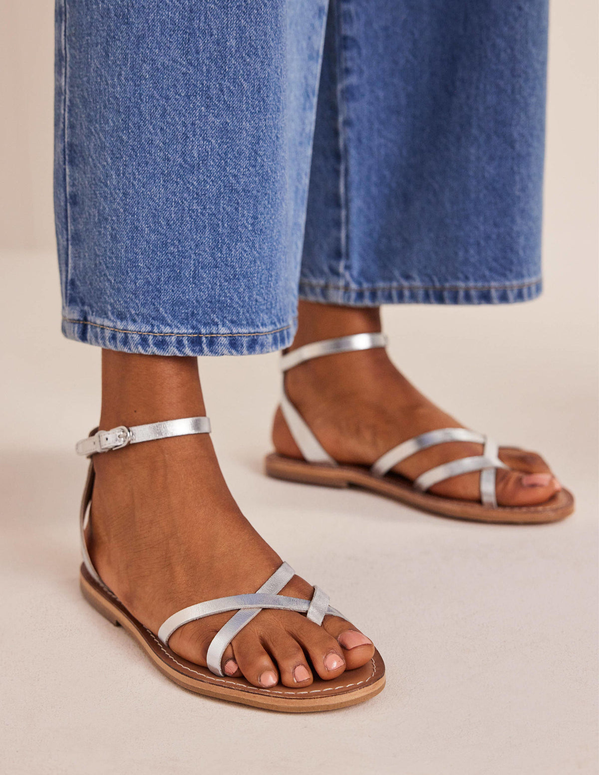 Easy Flat Sandals-Silver Metallic Leather - Image 4