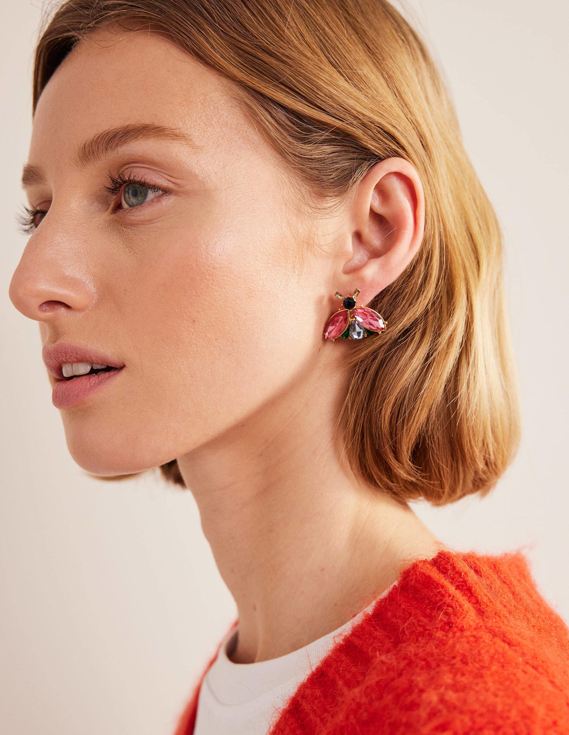 Embellished Bee Stud Earrings-Pink & Green-1