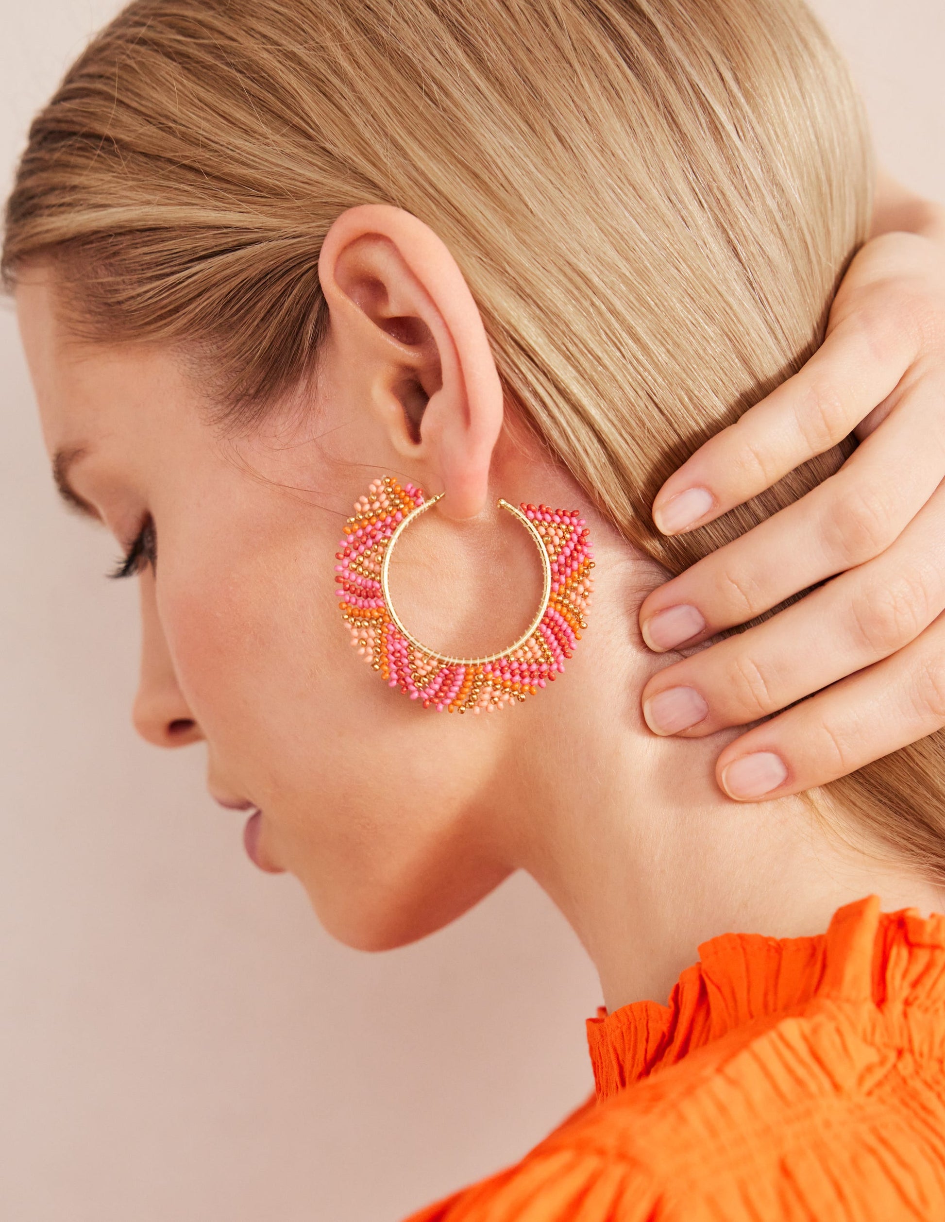 Beaded Boho Metal Hoops-Pink Multi-1