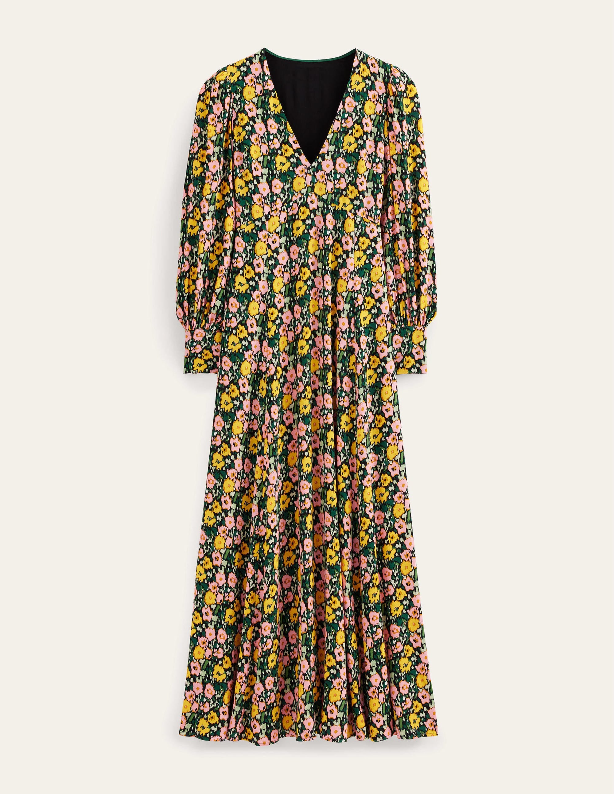 Blouson Sleeve Maxi Tea Dress-Emerald Night, Abstract Poppy - Image 9