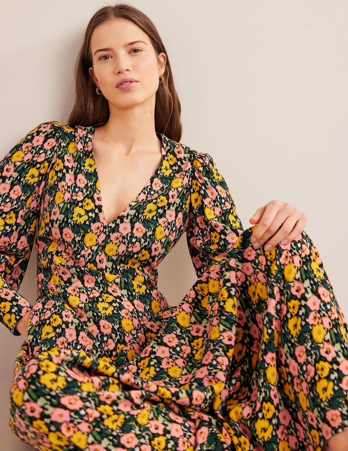 Blouson Sleeve Maxi Tea Dress-Emerald Night, Abstract Poppy - Image 1