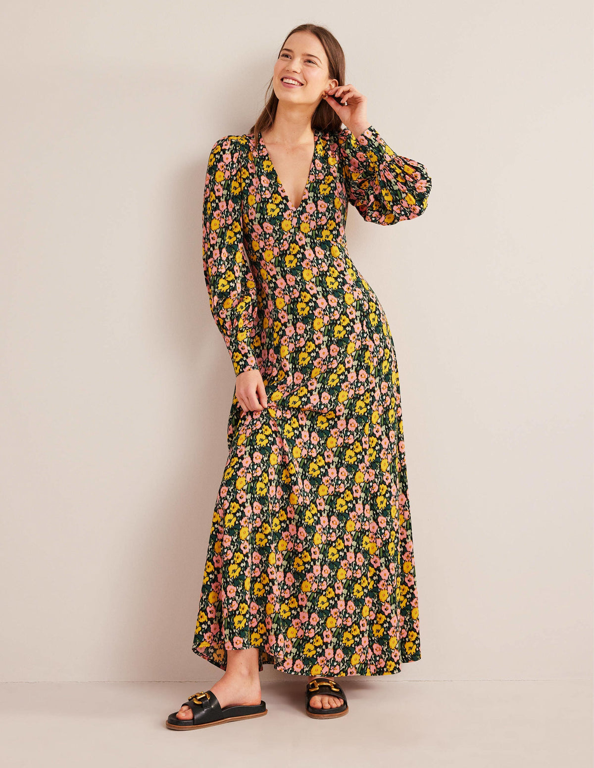 Blouson Sleeve Maxi Tea Dress-Emerald Night, Abstract Poppy - Image 2