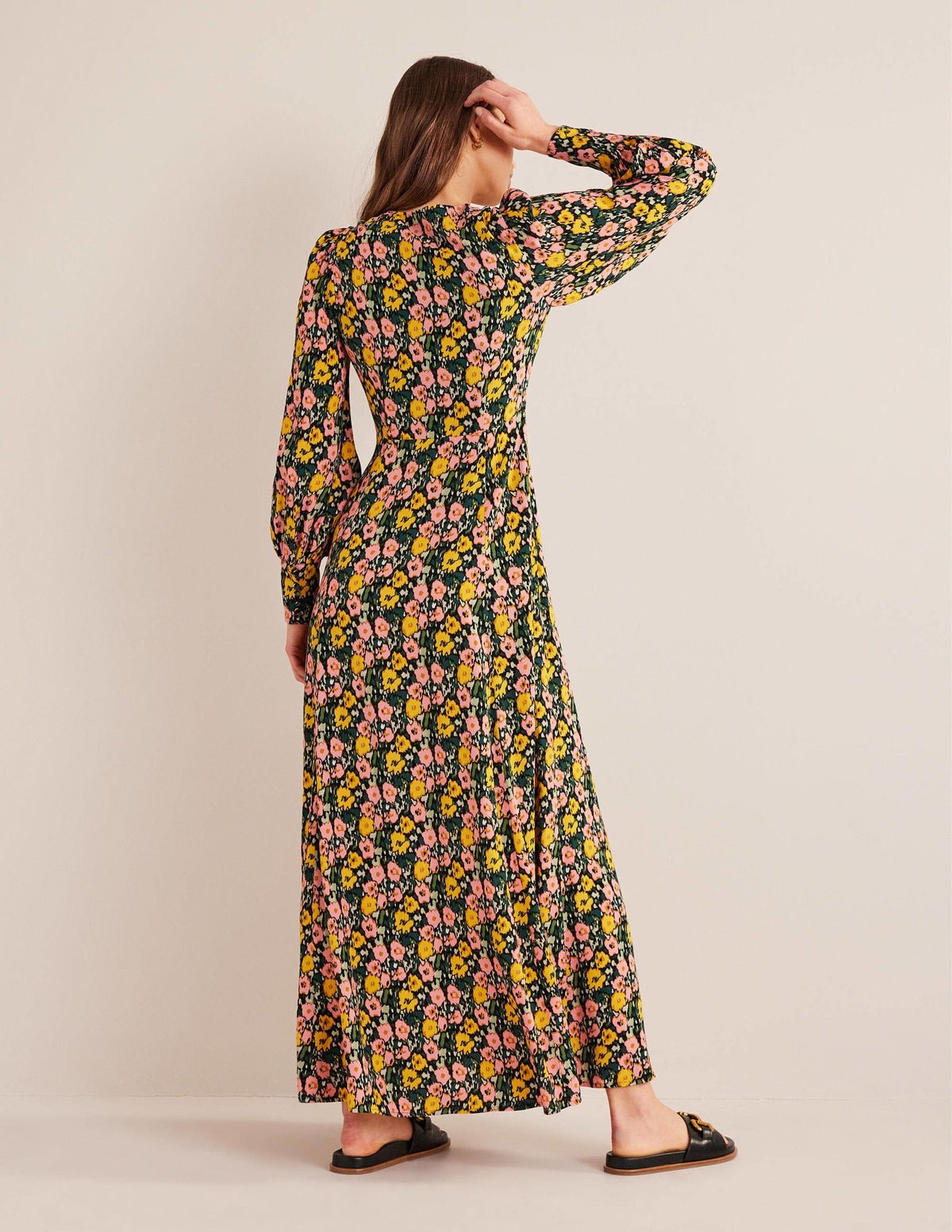 Blouson Sleeve Maxi Tea Dress-Emerald Night, Abstract Poppy-4