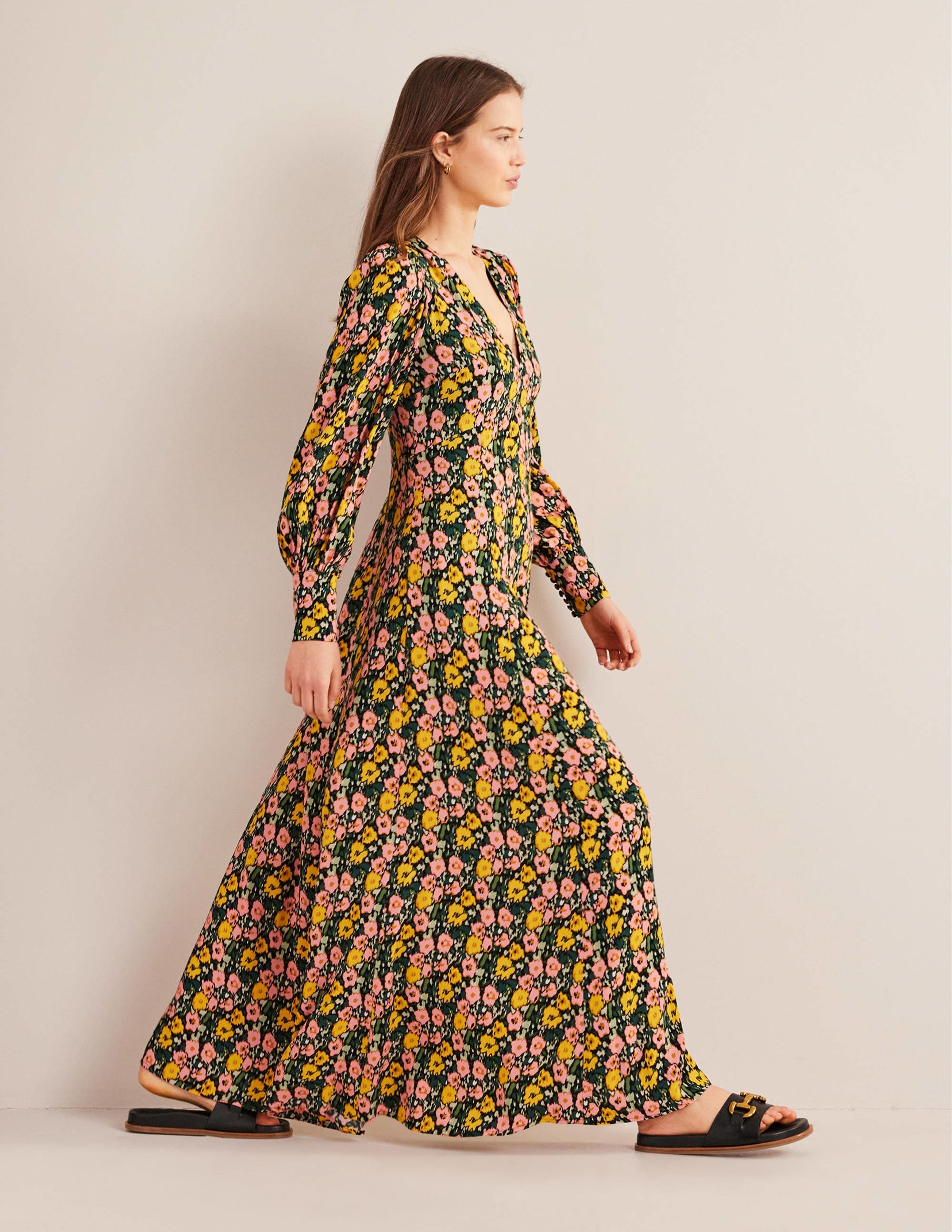 Blouson Sleeve Maxi Tea Dress-Emerald Night, Abstract Poppy - Image 5