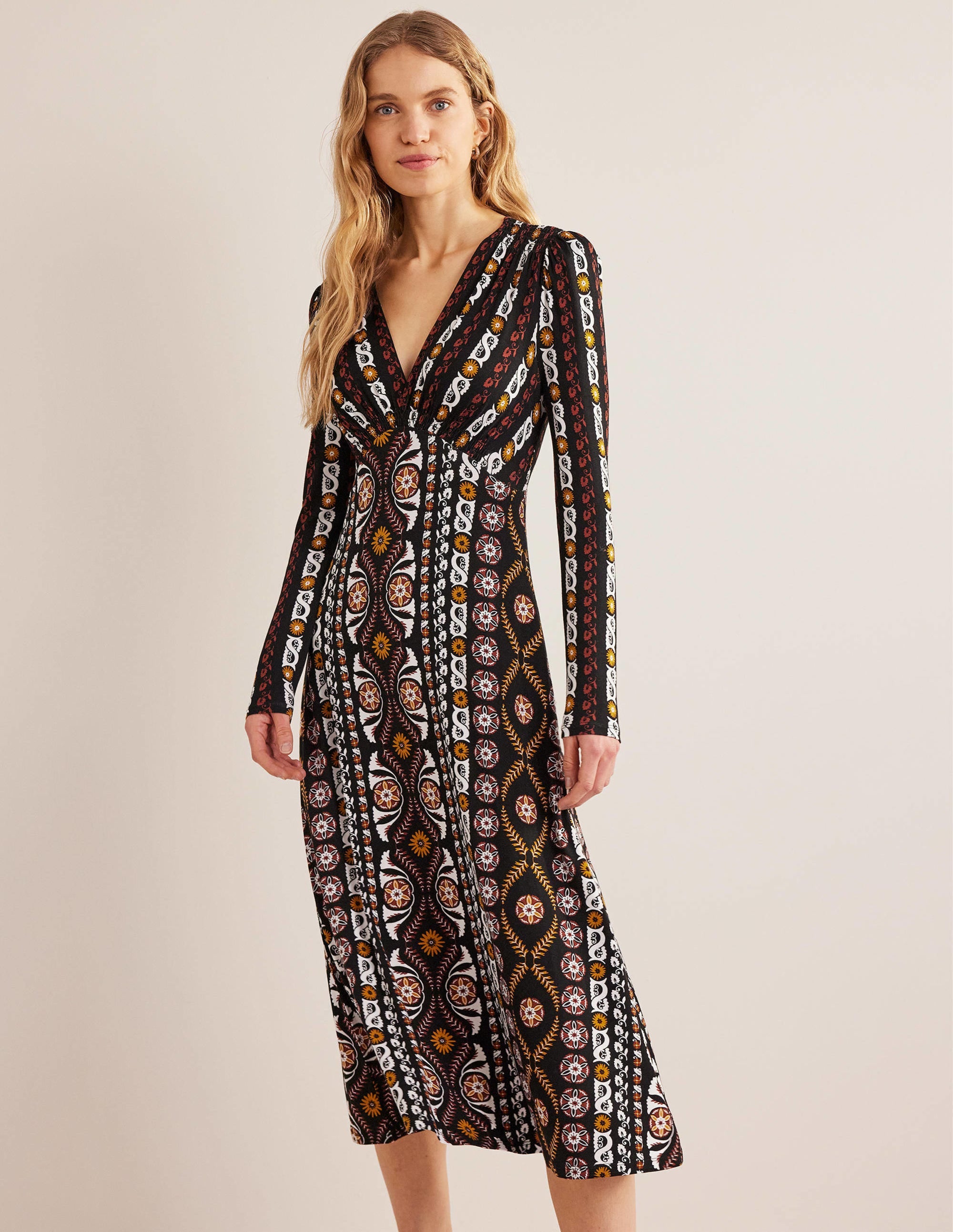Jersey Midi Tea Dress-Black, Opulent Stripe - Image 1