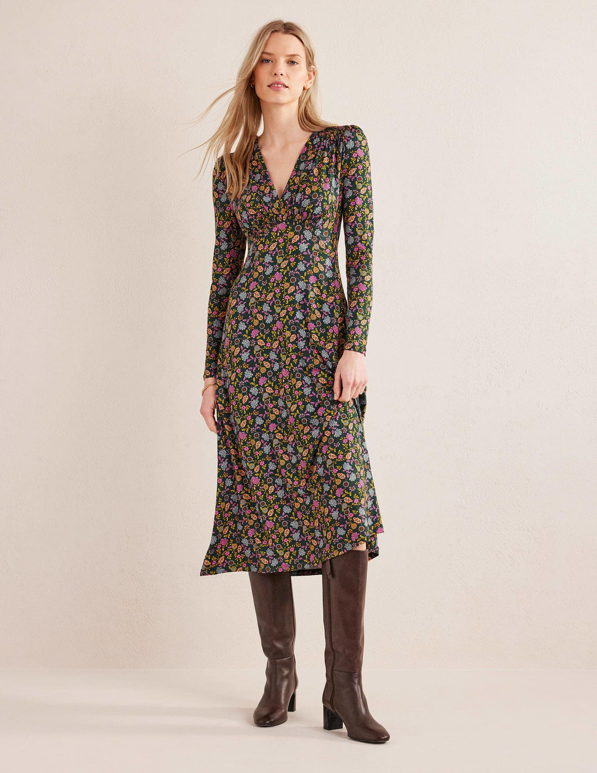 Jersey Midi Tea Dress-Chatsworth Green, Lotus Petal - Image 1