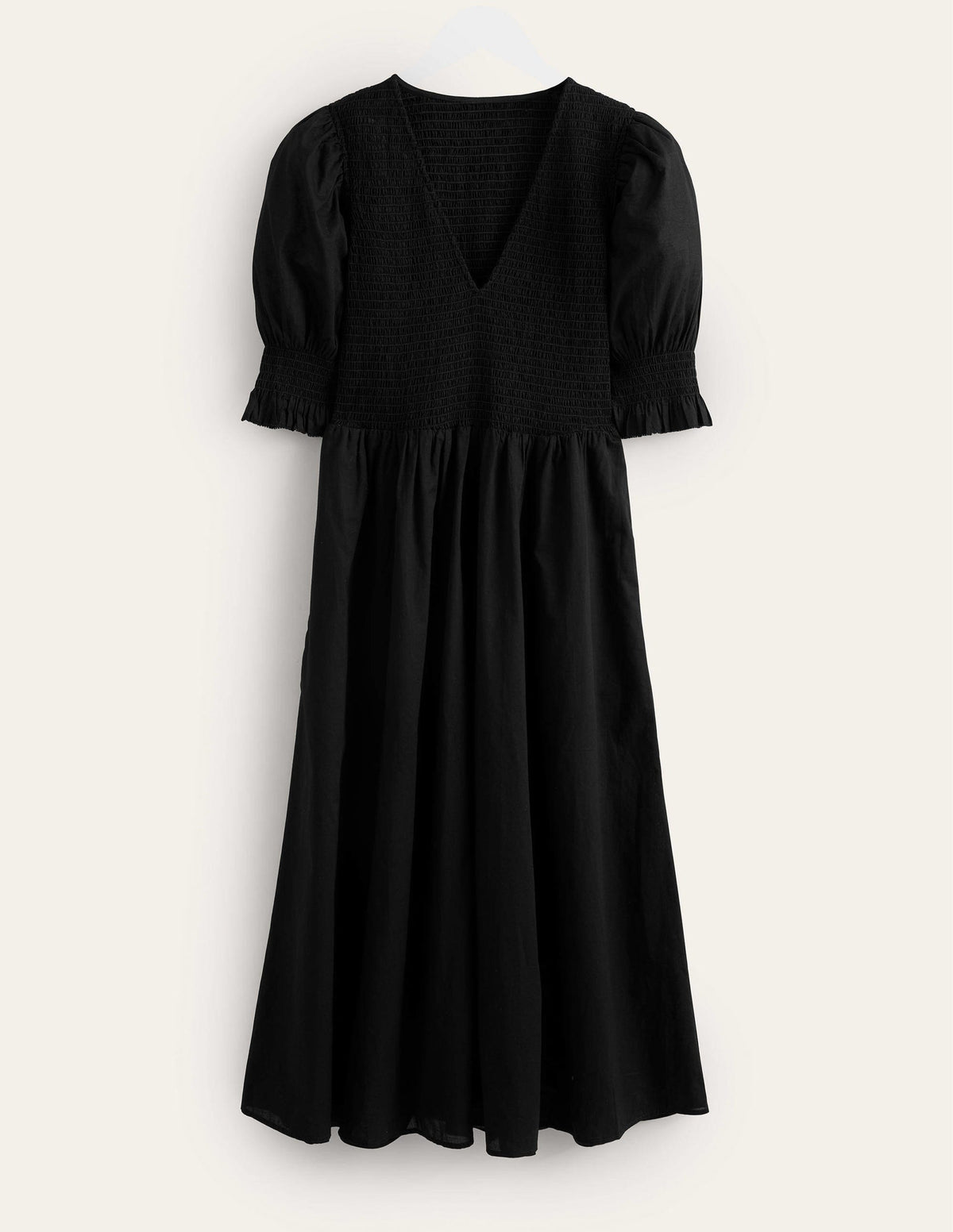 Smocked Linen Midi Dress-Black-5