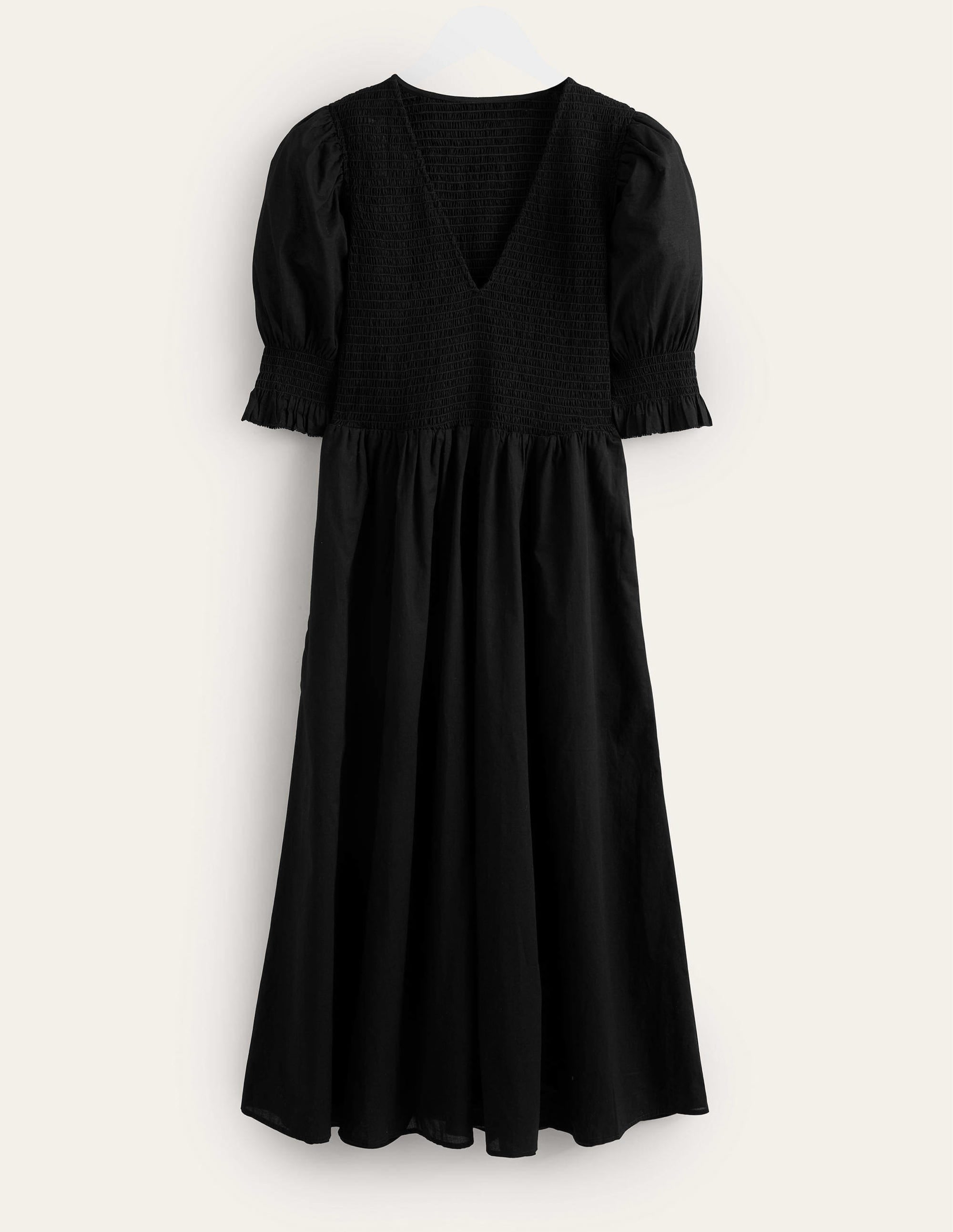 Smocked Linen Midi Dress-Black - Image 5