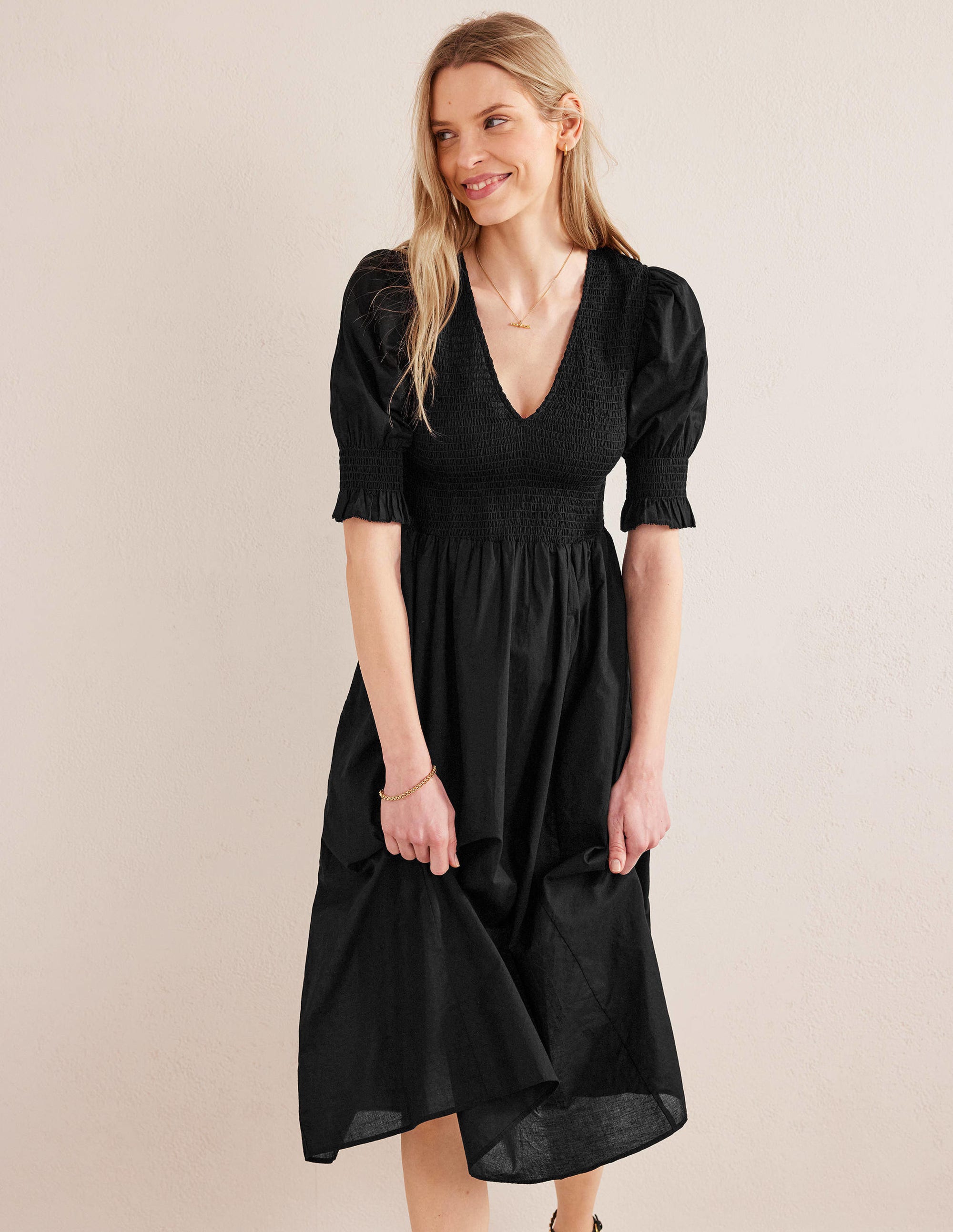 Smocked Linen Midi Dress-Black - Image 1