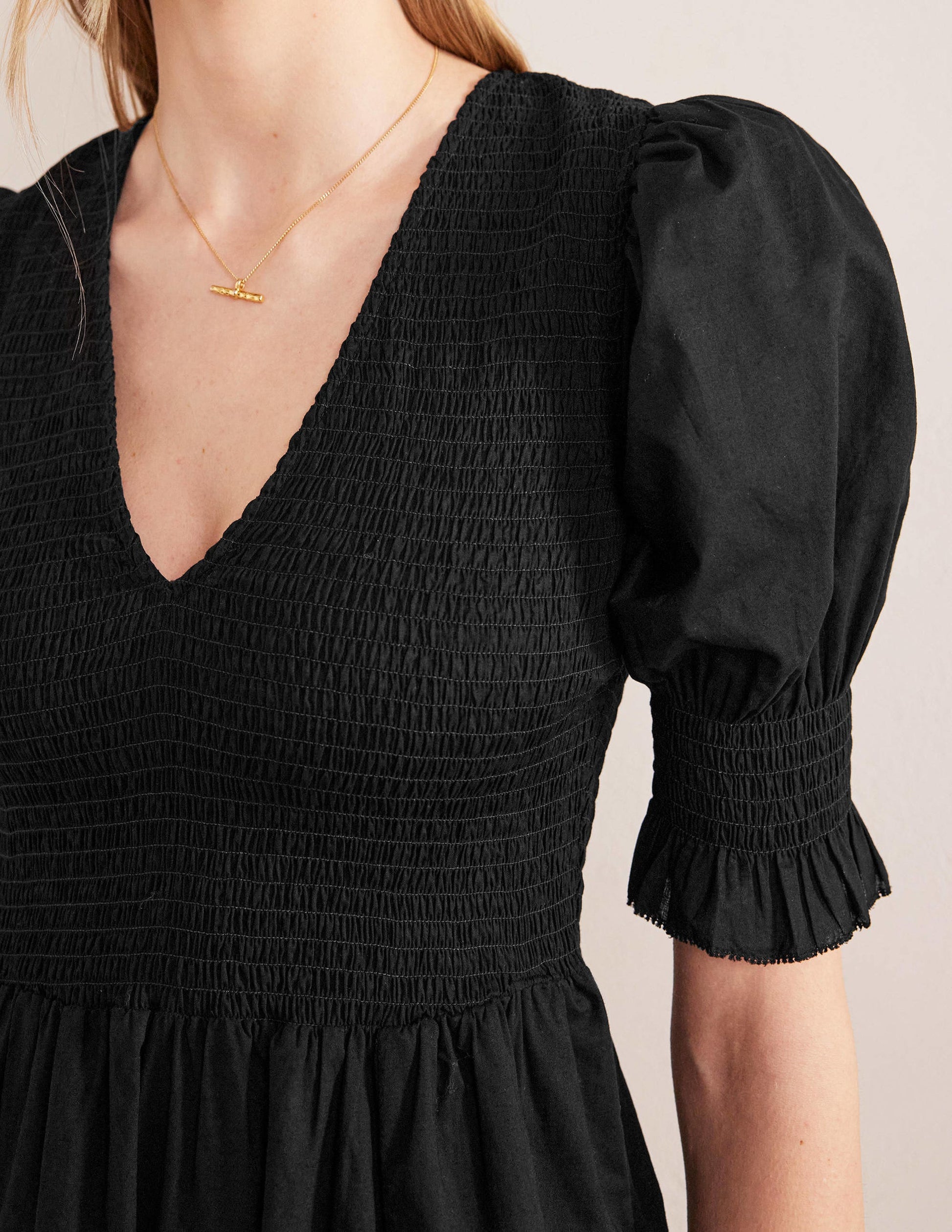 Smocked Linen Midi Dress-Black-2