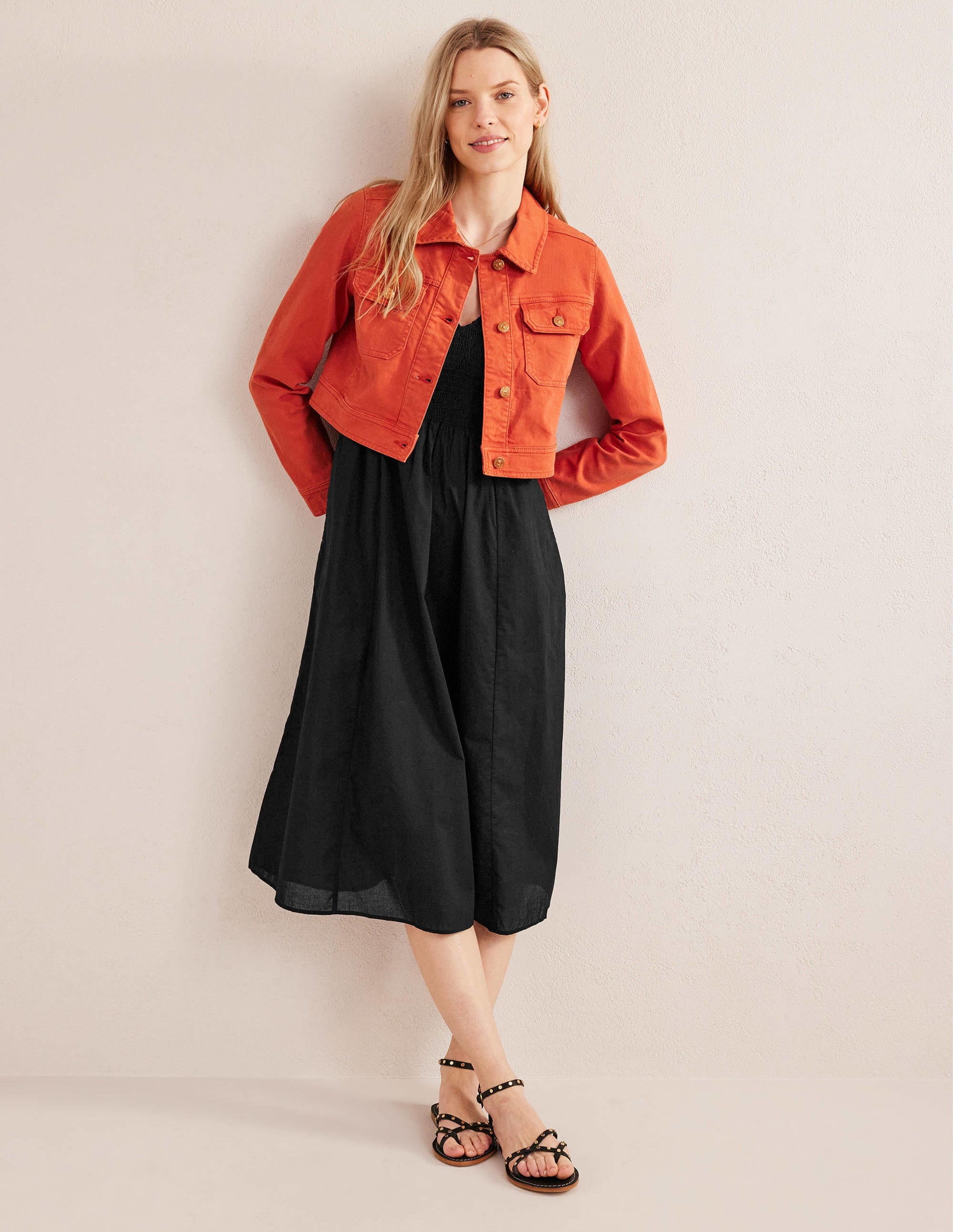 Smocked Linen Midi Dress-Black - Image 4