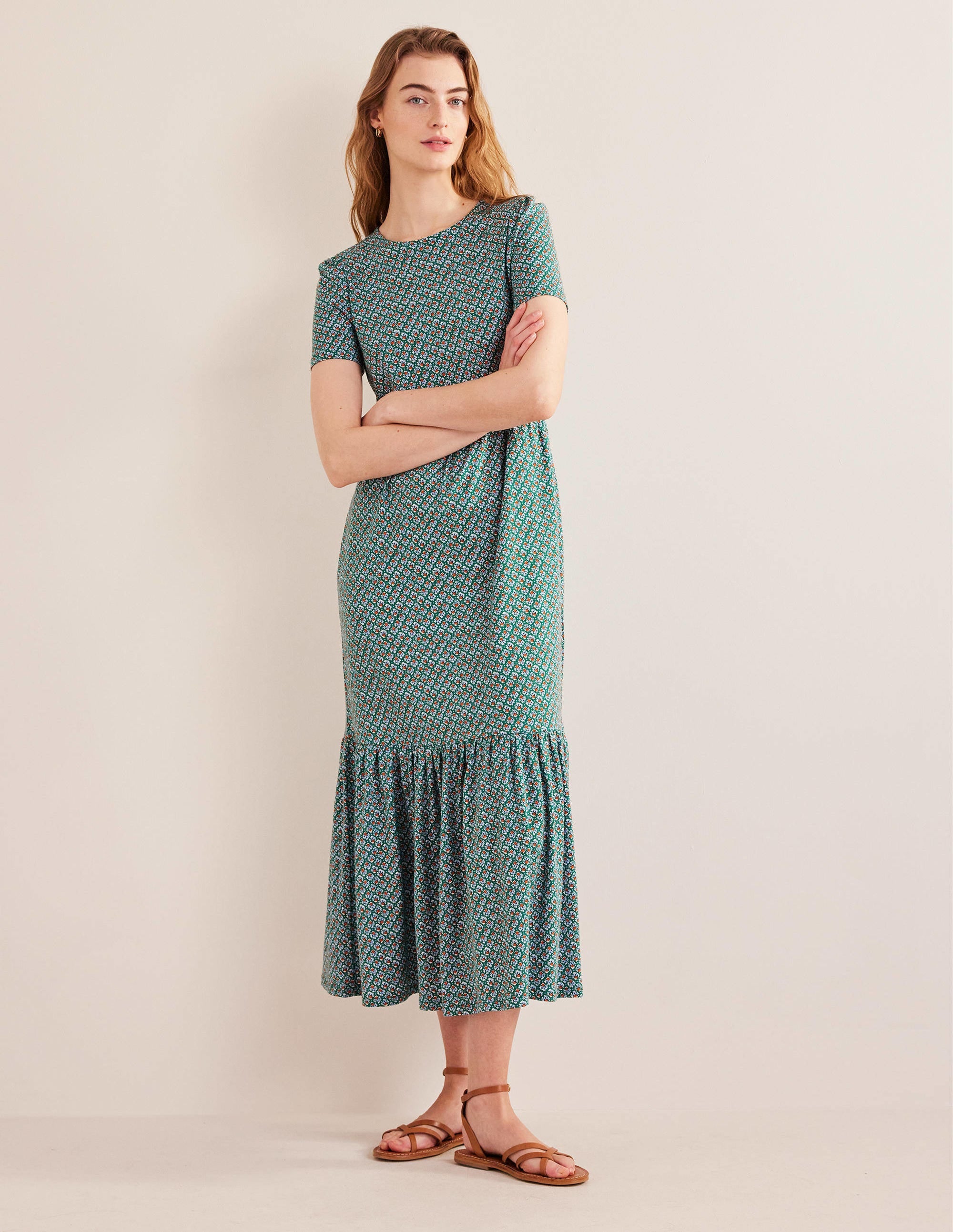 Emma Tiered Jersey Midi Dress-Bottle Green, Bloom Bud - Image 1